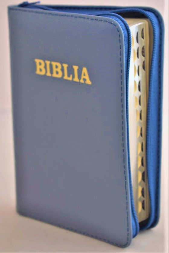 Biblia format mic, din piele, culoare, albastru celadon, index, fermoar, margini argintii, cuv. lui Isus in rosu [047 PFI]
