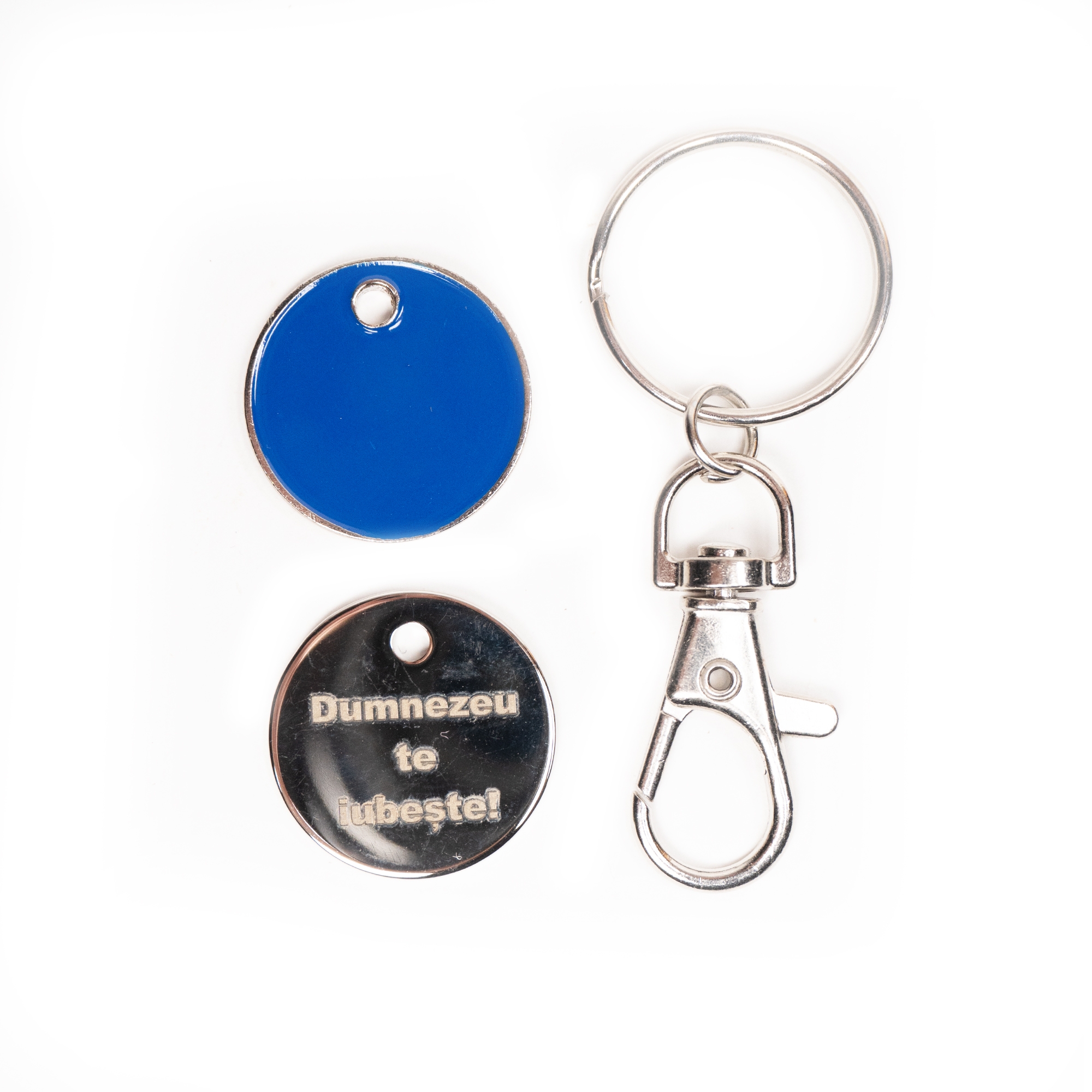 Breloc albastru metalic cu jeton cărucior cumpărături - Verso gravat - Dumnezeu te iubeste Breloc albastru metalic cu jeton cărucior cumpărături - Verso gravat - Dumnezeu te iubeste