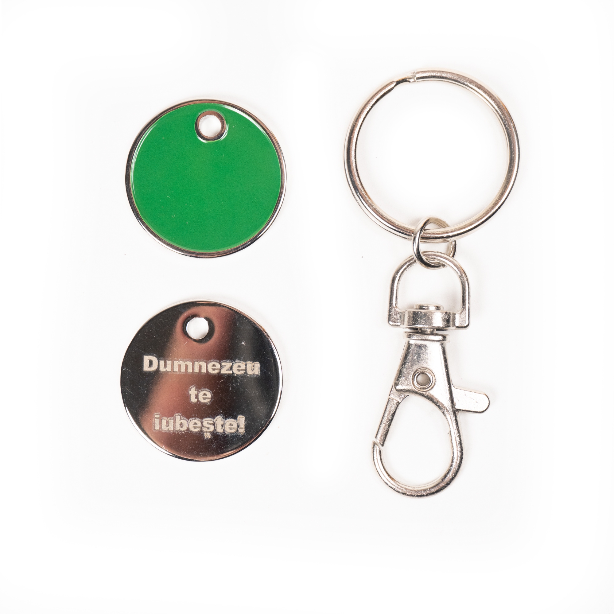 Breloc verde metalic cu jeton cărucior cumpărături - Verso gravat - Dumnezeu te iubeste Breloc verde metalic cu jeton cărucior cumpărături - Verso gravat - Dumnezeu te iubeste