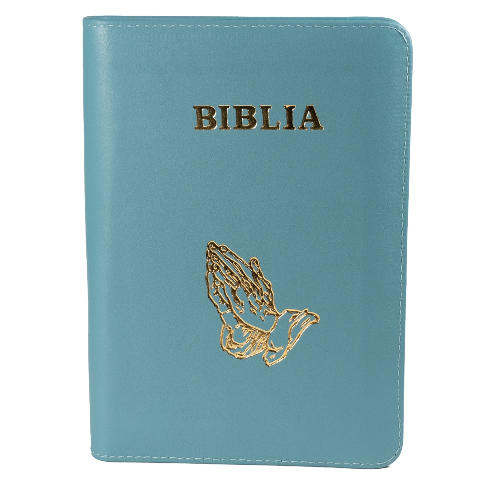 Biblie din piele, marime medie, culoare, turcoaz,  fermoar, margini albe, simbol maini in rugaciune, cuv. lui Isus cu rosu [053]