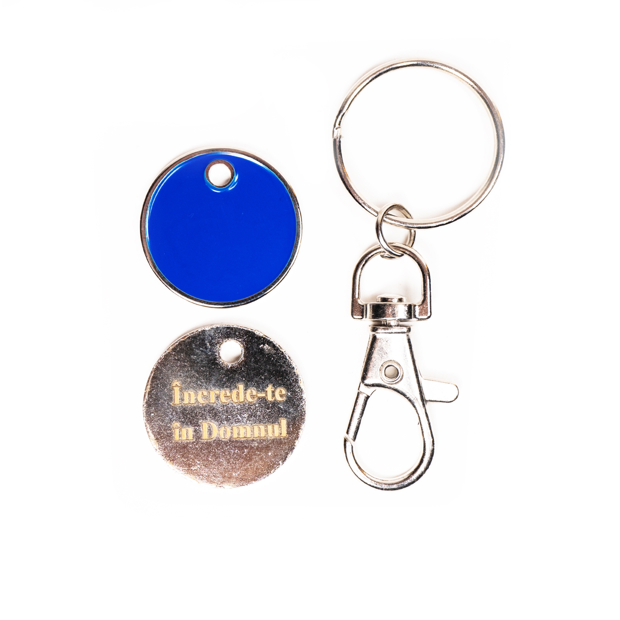 Breloc albastru metalic cu jeton cărucior cumpărături - Verso gravat - Increde-te in Domnul Breloc albastru metalic cu jeton cărucior cumpărături - Verso gravat - Increde-te in Domnul