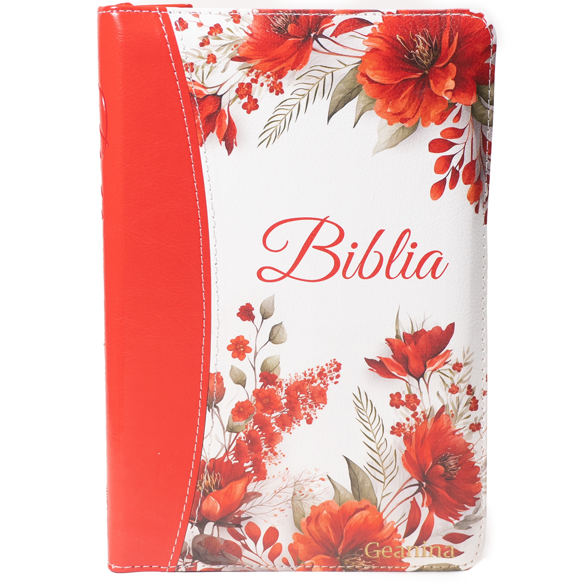 Biblie personalizată Geanina - Biblie marime medie, piele ecologică, model floral rosie, fermoar, index, margini aurii, cuv. lui Isus cu rosu [057 F]