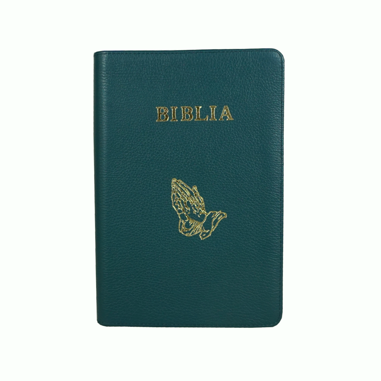 Biblie mare, piele, nuanta de verde, fermoar, index, margini argintii, simbol maini in ruga, cuv. Isus cu rosu [SI 073 PFI]