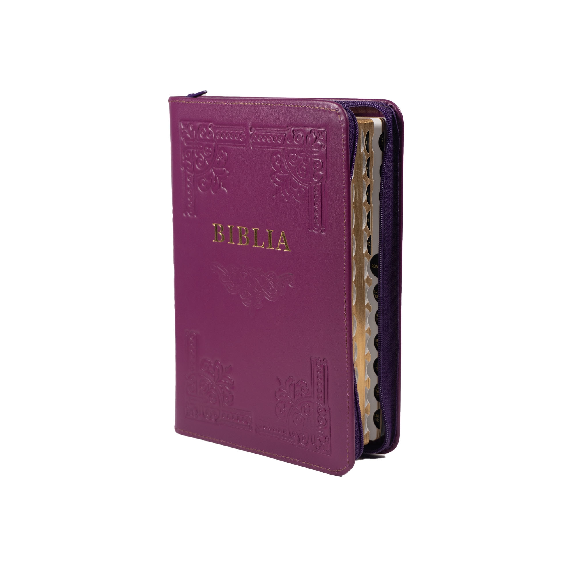 Biblia din piele, handmade, marime medie, culoare mov închis, fermoar,margini aurii cu index, cuv. lui Isus cu rosu [057 HM]