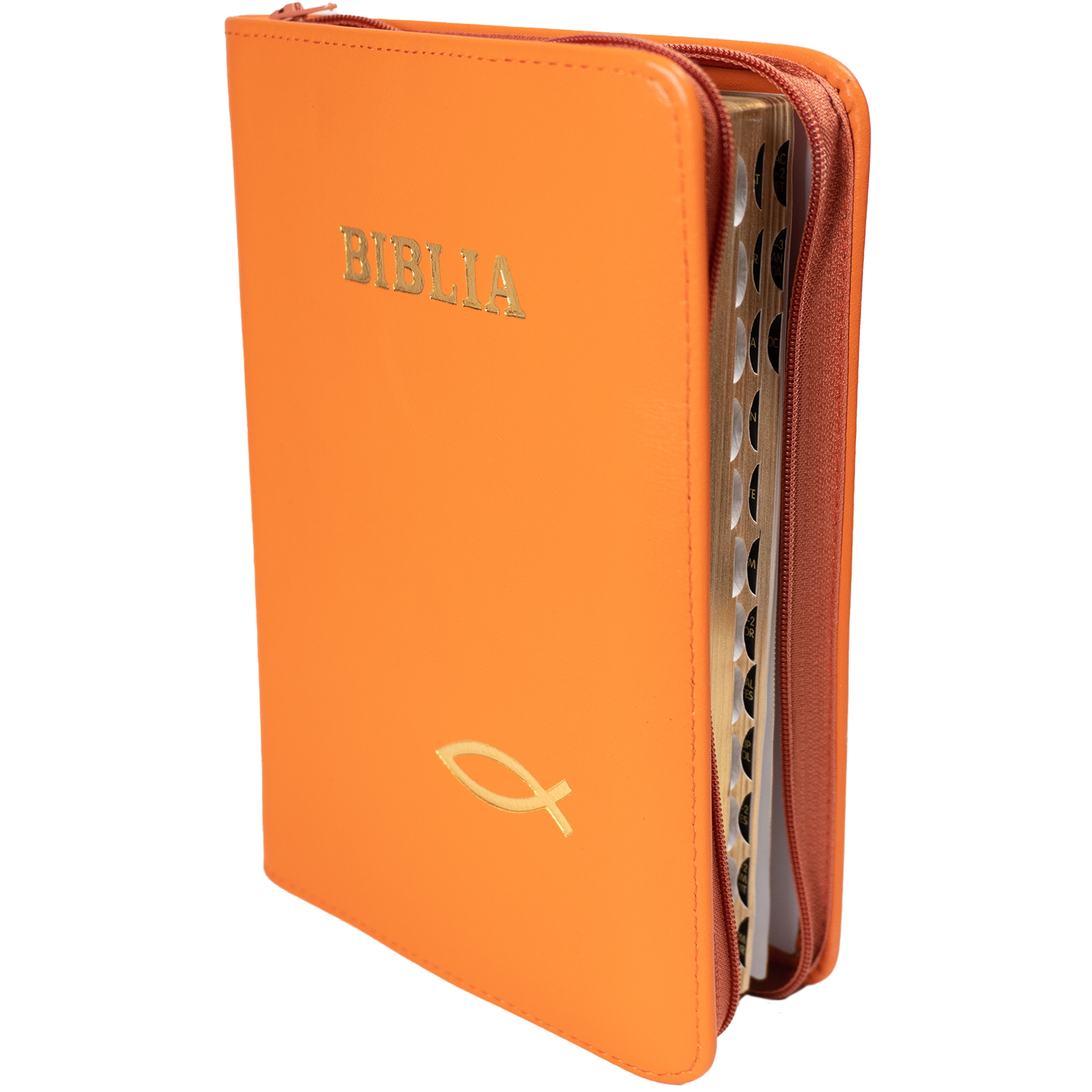 Biblie din piele, marime medie, culoare portocaliu, simbol peste, fermoar, index, margini aurii, cuv. lui Isus cu rosu [SB 057 PFI]