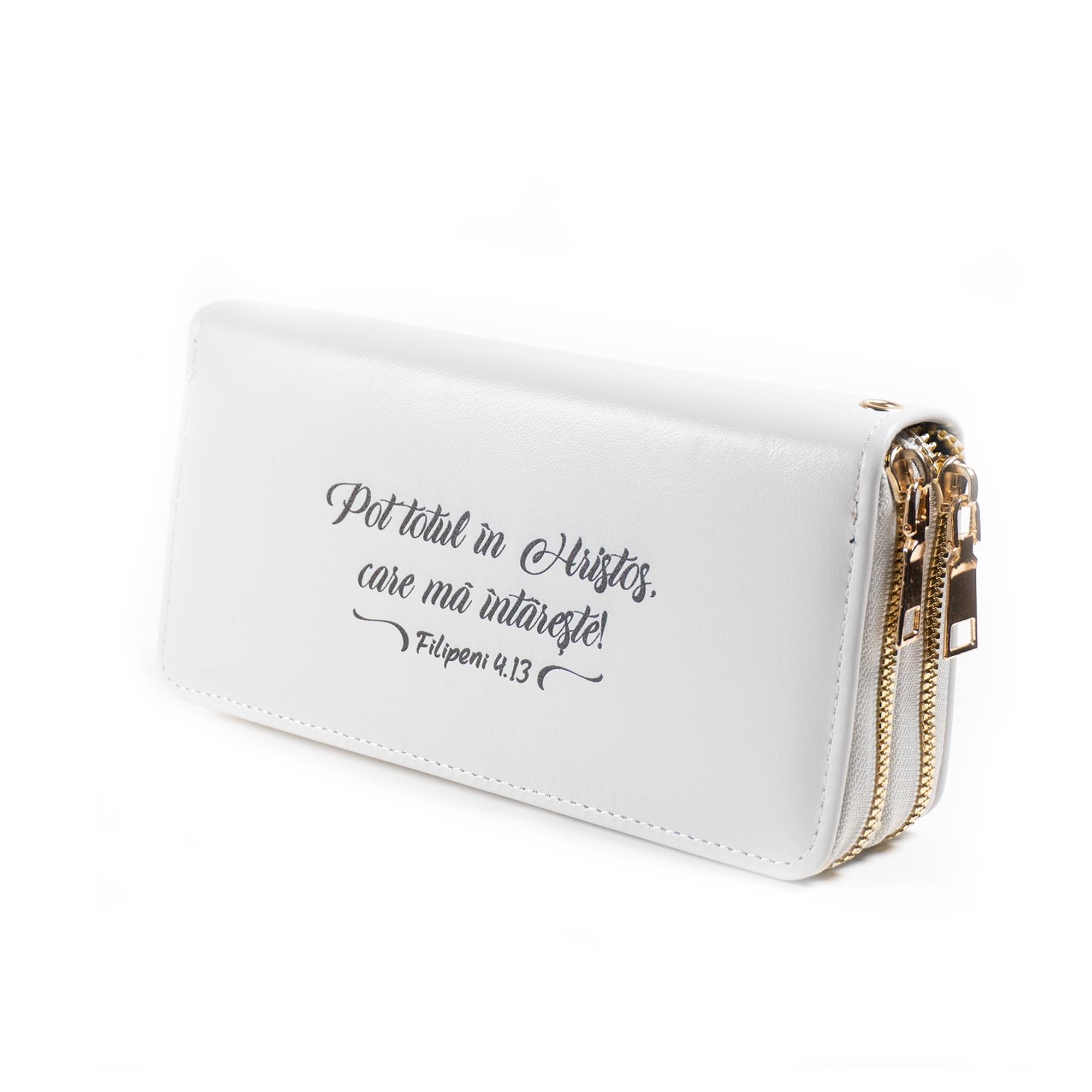 Portofel damă, 2 fermoare, gri, cu imprimeu "Pot totul în Hristos..."