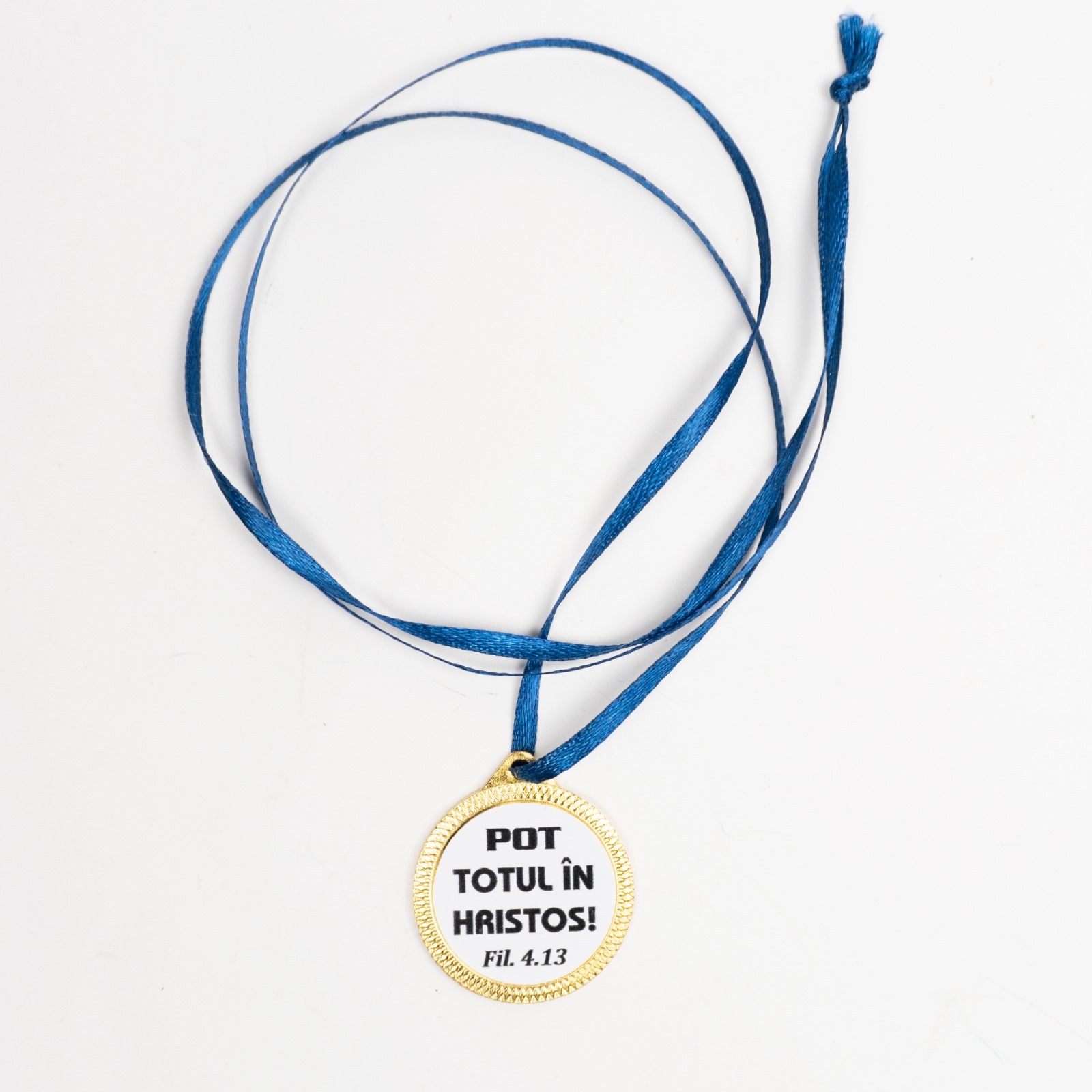 Medalie ABS gravata, aurie, cu mesaj crestin, panglica albastră - Pot totul in Hristos Medalie ABS gravata, aurie, cu mesaj crestin, panglica albastră - Pot totul in Hristos