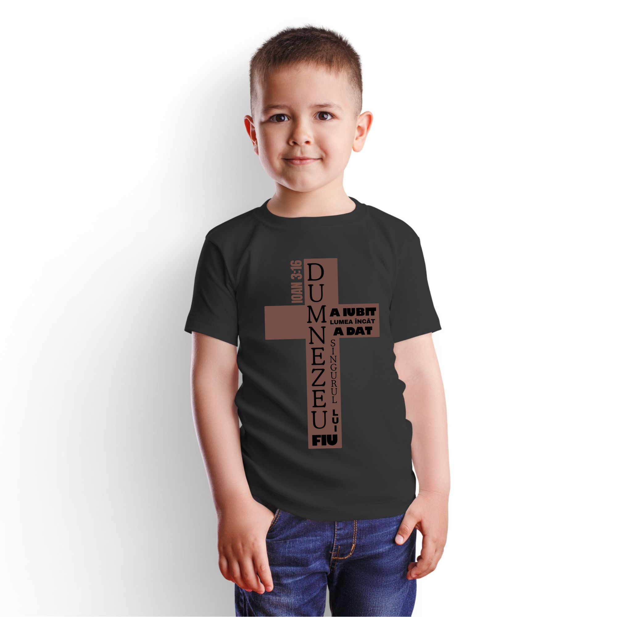 Tricou negru personalizat baieti, verset biblic- Ioan 3:16