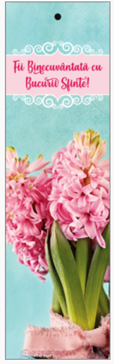 Semn de carte cu panglica roz - Text:  "Fii Binecuvântată cu Bucurii Sfinte!"   [102]