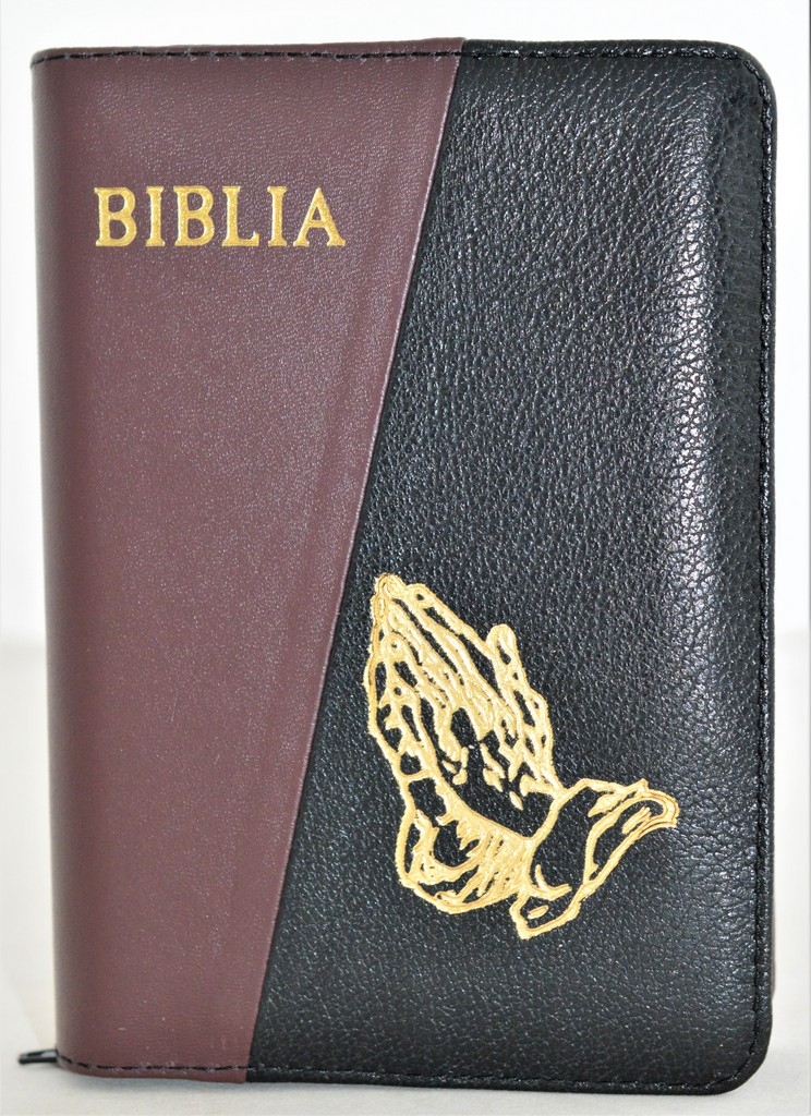 Biblie din piele, marime medie, culoare nuanta visiniu / negru, simbol maini in rugaciune, fermoar, index, margini aurii, cuv. lui Isus cu rosu [SB 057 PFI]