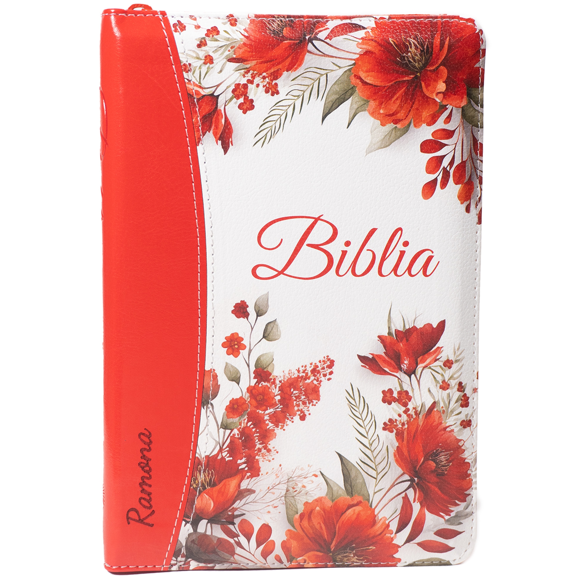 Biblie personalizată Ramona - Biblie marime medie, piele ecologică, model floral rosie, fermoar, index, margini aurii, cuv. lui Isus cu rosu [057 F]