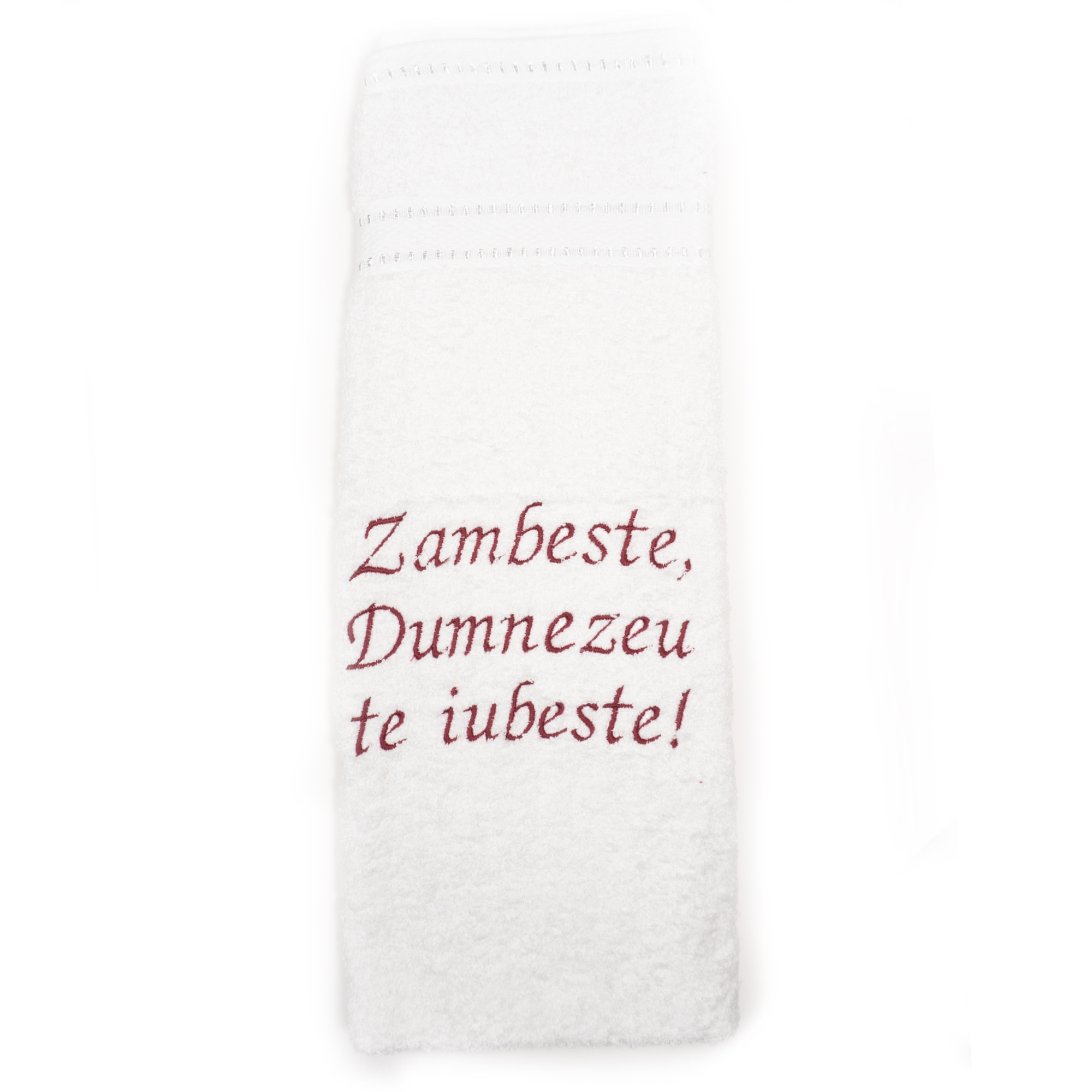 Prosop brodat - Zambeste! Dumnezeu te iubeste (alb) Prosop brodat - Zambeste! Dumnezeu te iubeste (alb)