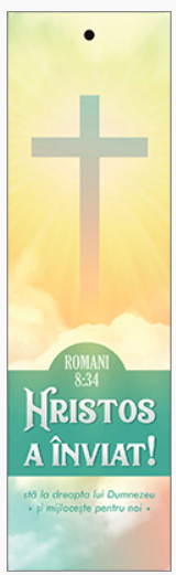 Semn de carte cu panglica verde deschis  - Verset:  "Hristos a înviat! Stă la dreapta lui Dumnezeu şi mijloceşte pentru noi." Romani 8:34  [110]
