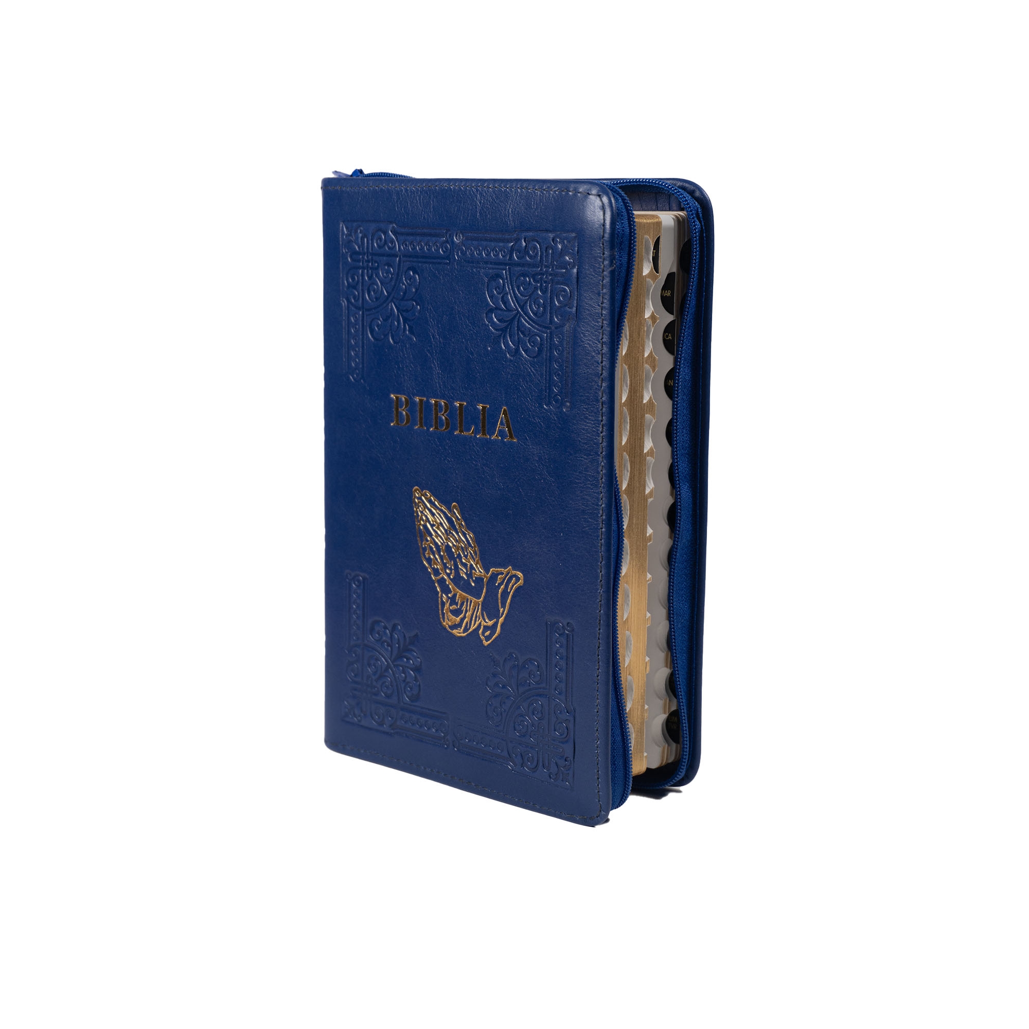Biblia din piele, handmade, marime medie, culoare albastru indigo, fermoar, simbol maini in rugaciune, margini aurii cu index, cuv. lui Isus cu rosu [057 HM]