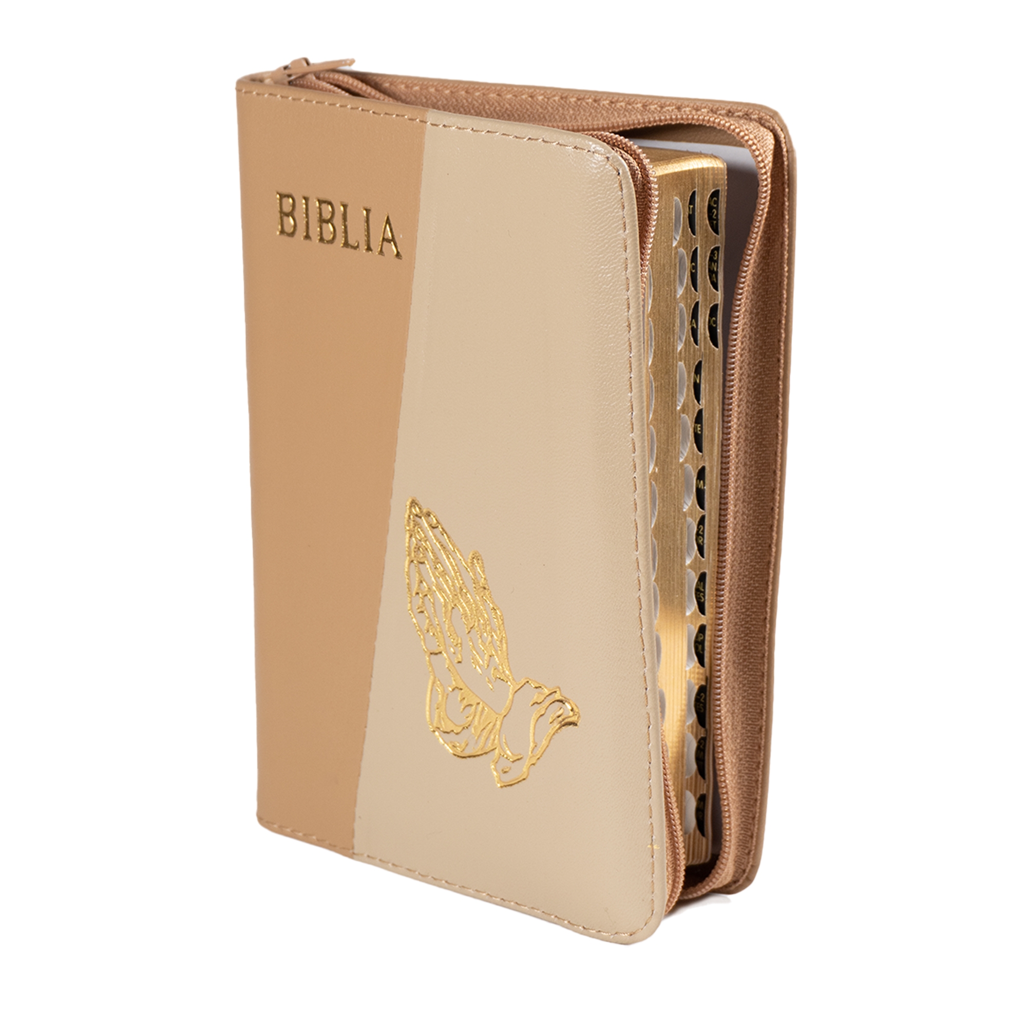 Biblia mica, coperta piele, culoare, crem închis cu crem deschis, index, fermoar, margini aurii,  simbolul maini, cuv. lui Isus in rosu [047 PFI]