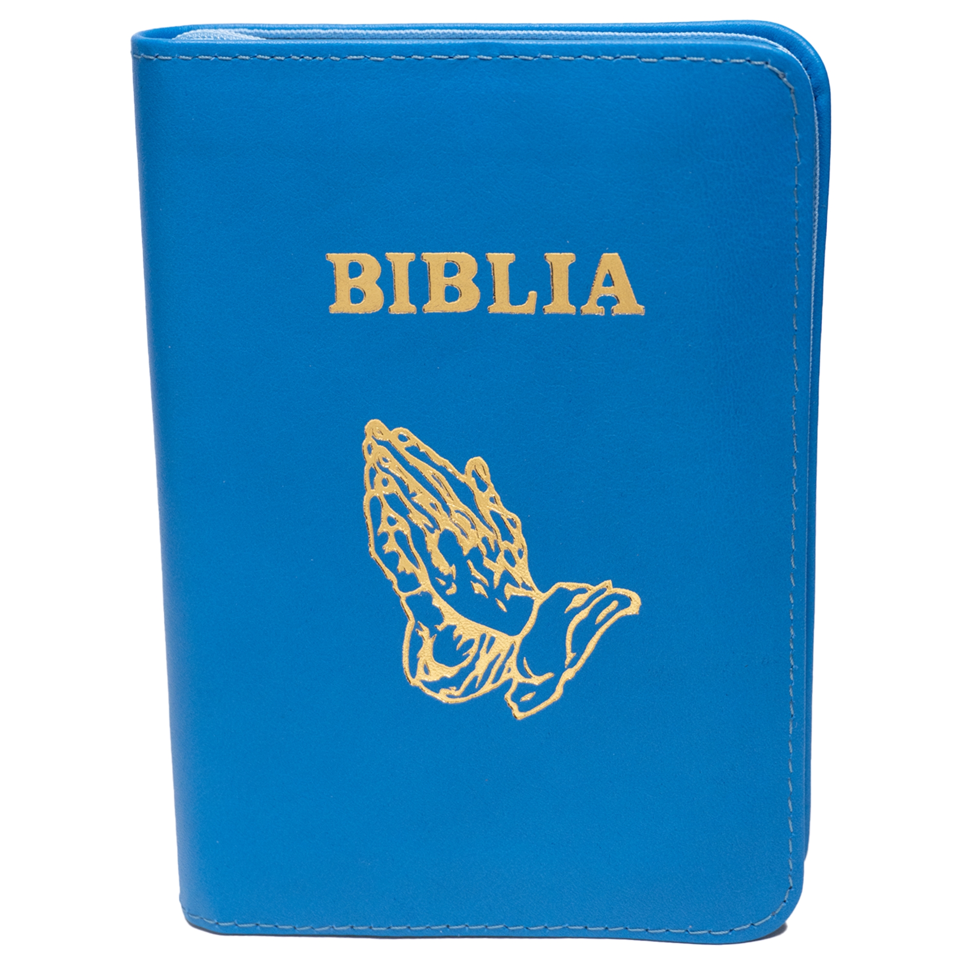 Biblia mica, coperta piele, culoare, albastru, index, fermoar, margini aurii,  simbolul maini, cuv. lui Isus in rosu [047 PFI]