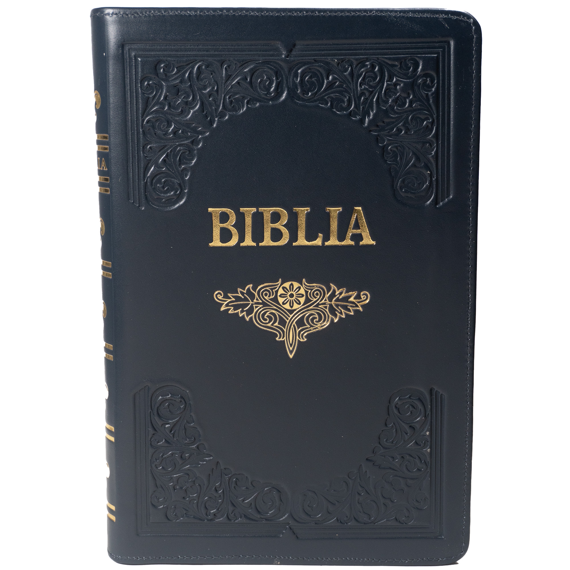 Biblie mare, piele, handmade, bleumarin, index, margini aurii,  cuv. Isus cu rosu [SI 076 HM]