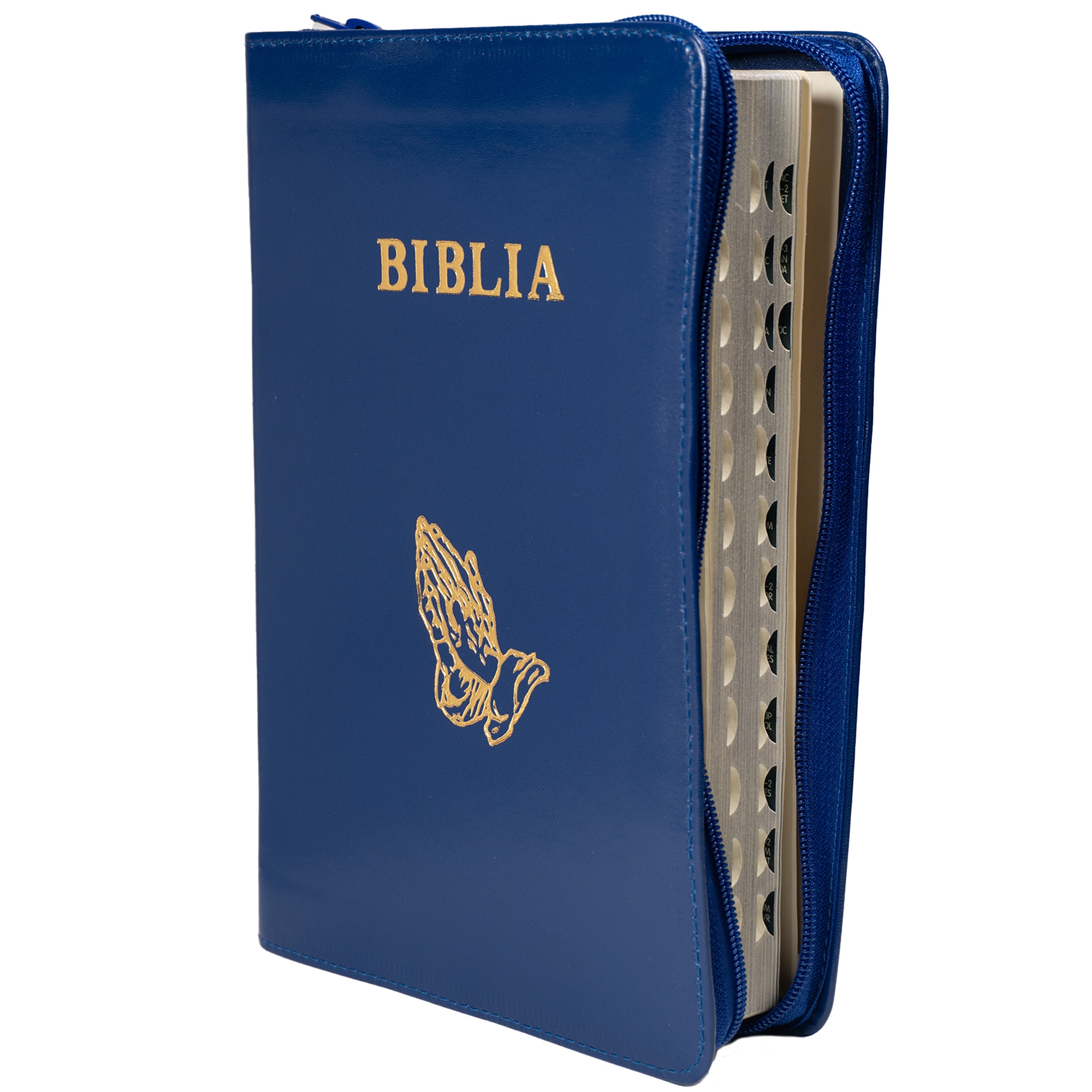 Biblie mare, piele, culoare albastru indigo, fermoar, index, margini argintii, simbol mâini în rugăciune, cuv. Isus cu rosu [SI 073 PFI]