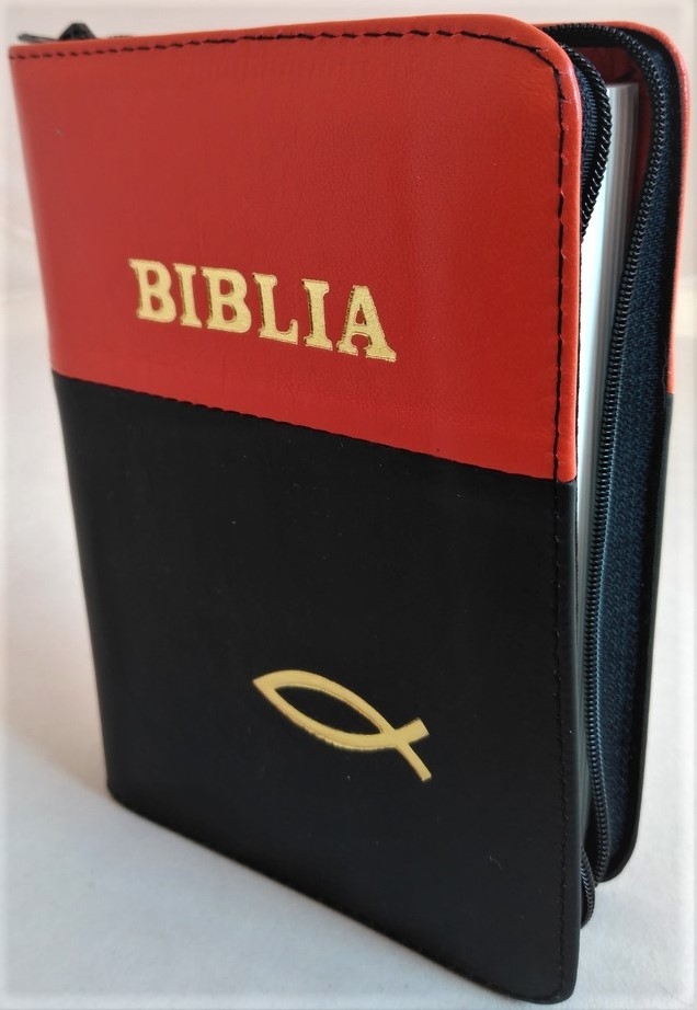 Biblie din piele, mica, rosu aprins / negru, fermoar, margini albe,simbol peste, cuv. lui Isus in rosu [043 PF]