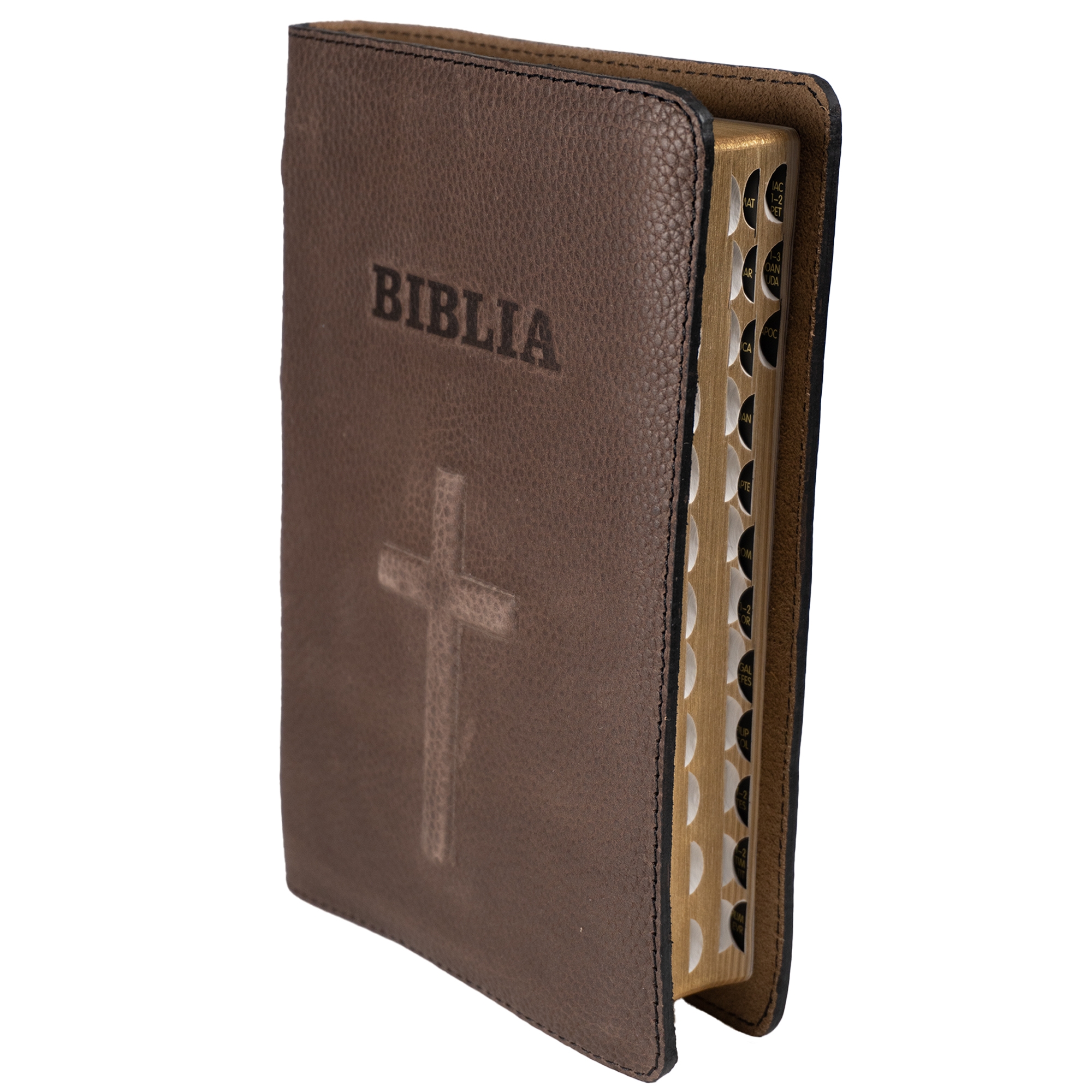 Biblie din piele handmade, marime medie, maro închis, simbol cruce, fara fermoar, index, margini aurii, cuv. lui Isus cu rosu [057 I]