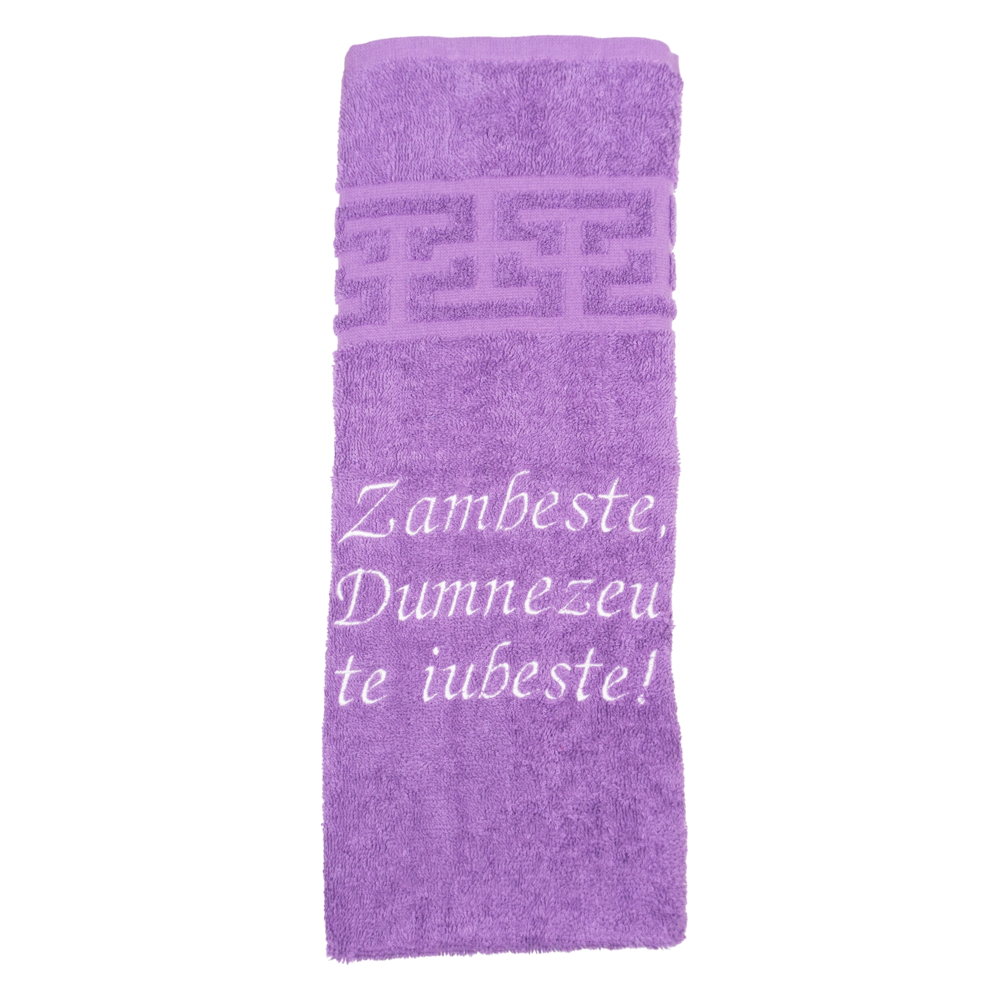 Prosop brodat - Zambeste! Dumnezeu te iubeste (mov) Prosop brodat - Zambeste! Dumnezeu te iubeste (mov)