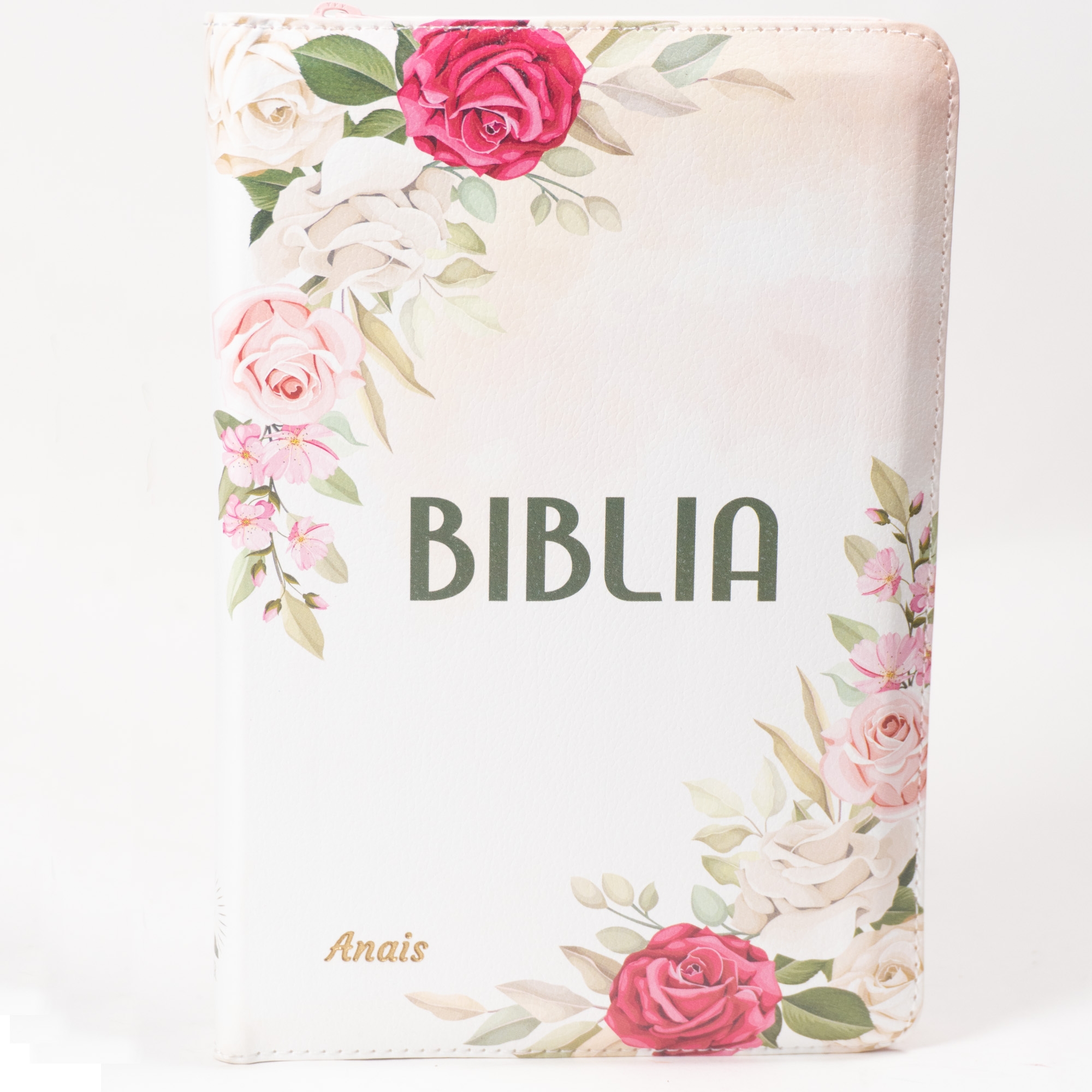 Biblie personalizată cu numele Anais - Biblie marime medie, piele ecologică, model floral alb, fermoar, index, margini aurii, cuv. lui Isus cu rosu [057 F]