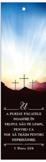 Semn de carte cu panglica albastru inchis - Verset:  "El a purtat păcatele noastre în trupul Său pe lemn, pentru ca noi să trăim pentru neprihănire." 1 Petru 2:24 [118]