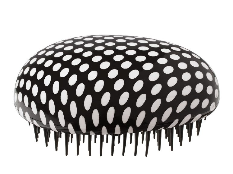 Perie compacta pentru descalcit parul, model negru cu buline albe