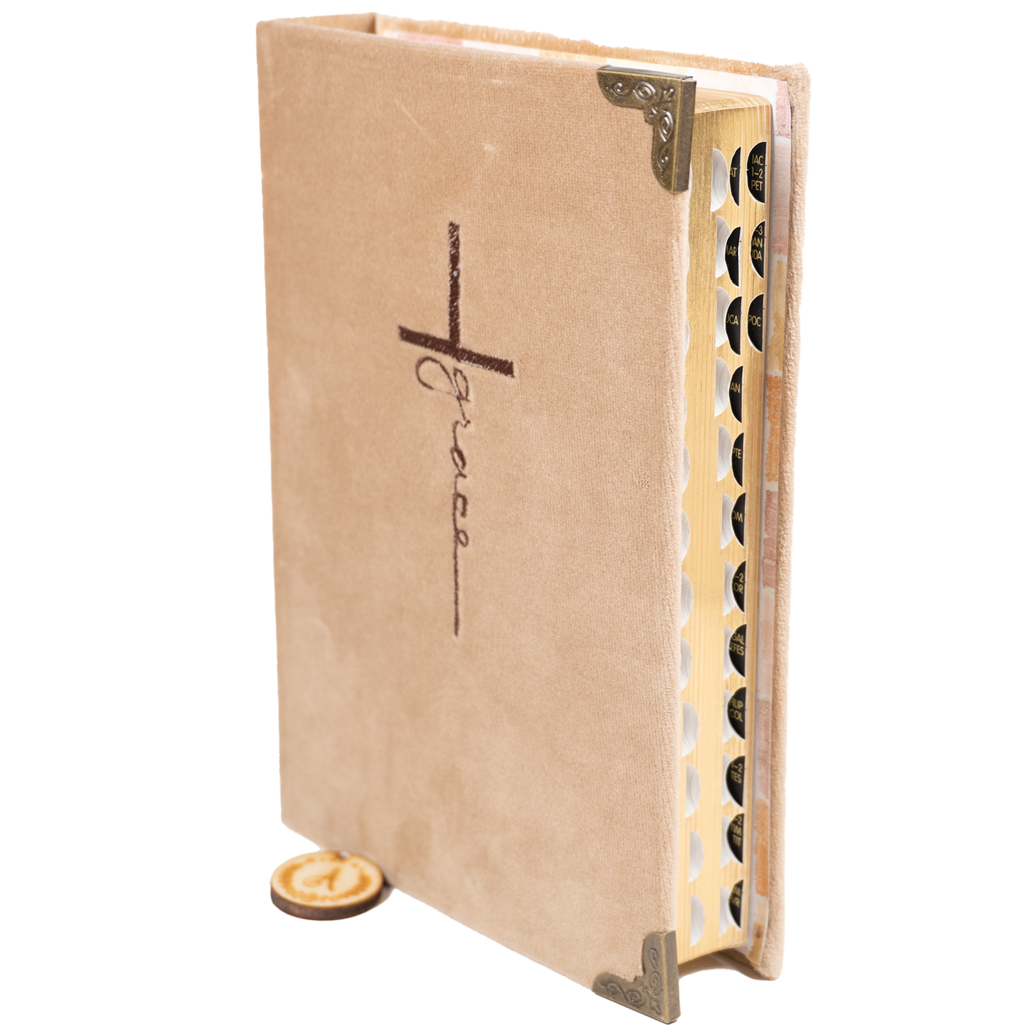 Biblia handmade, model 117, marime medie, coperta tare textila, margini aurii, index, cuv. lui Isus cu rosu [SI 057 HM]