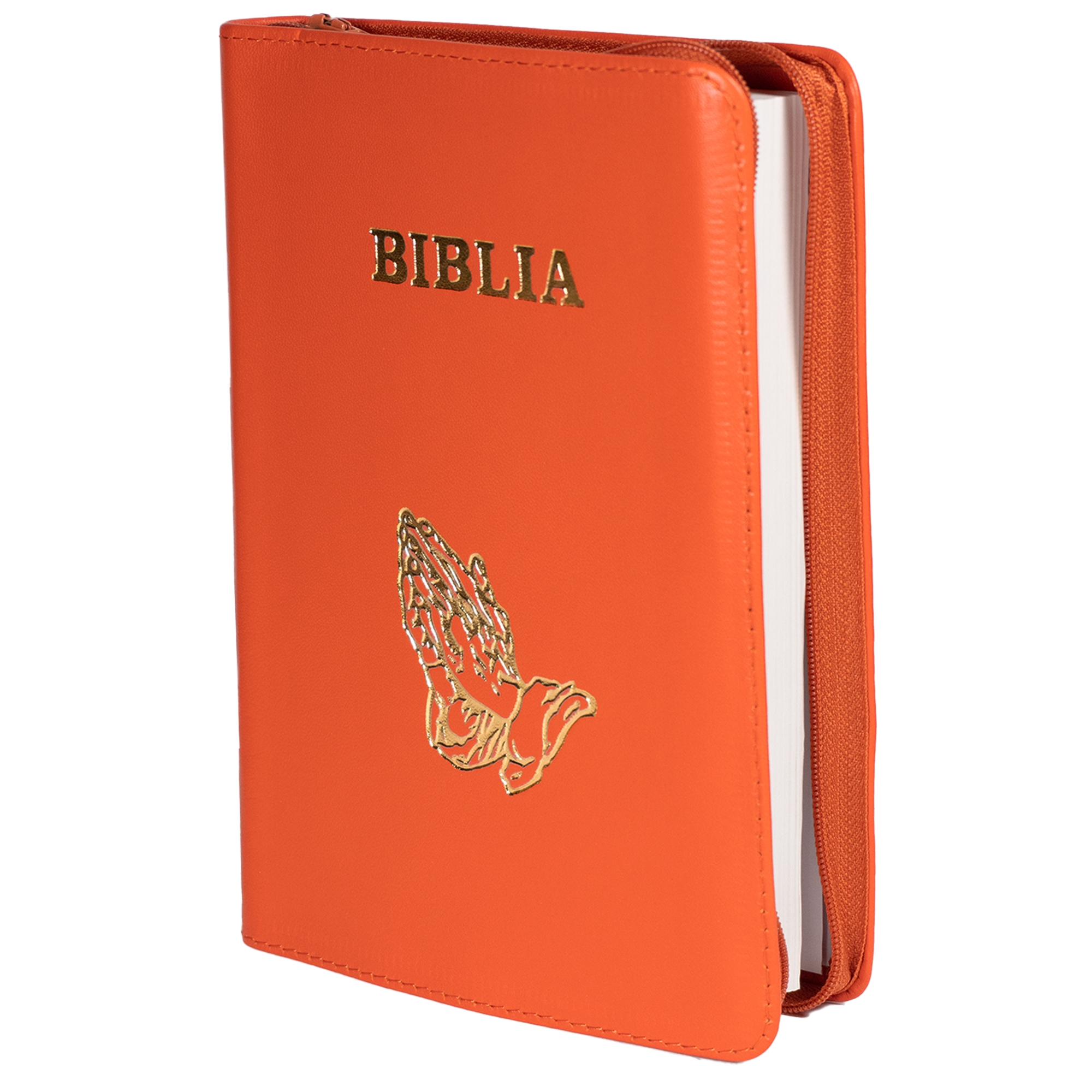 Biblie din piele, marime medie, culoare, portocaliu,  fermoar, margini albe, simbol maini in rugaciune, cuv. lui Isus cu rosu [053]