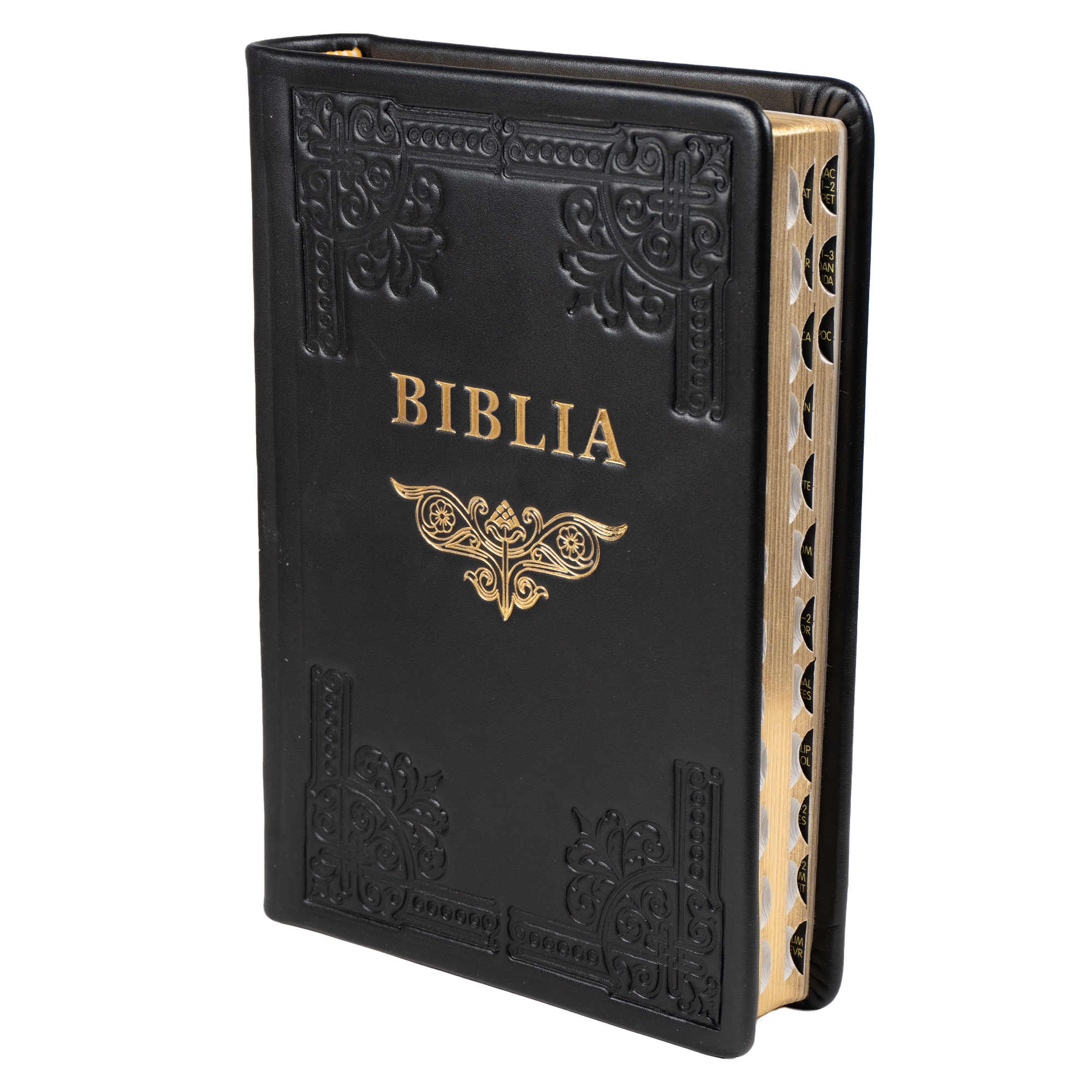 Biblia din piele, handmade, marime medie, culoare neagra, margini aurii cu index, cuv. lui Isus cu rosu [057 HM]