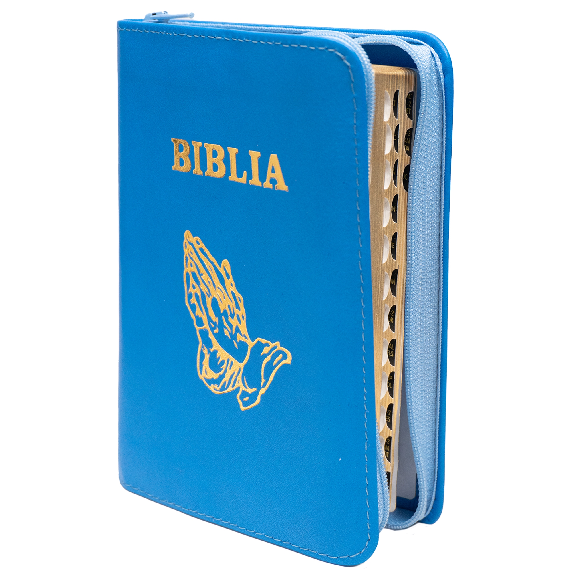 Biblia mica, coperta piele, culoare, albastru, index, fermoar, margini aurii,  simbolul maini, cuv. lui Isus in rosu [047 PFI]