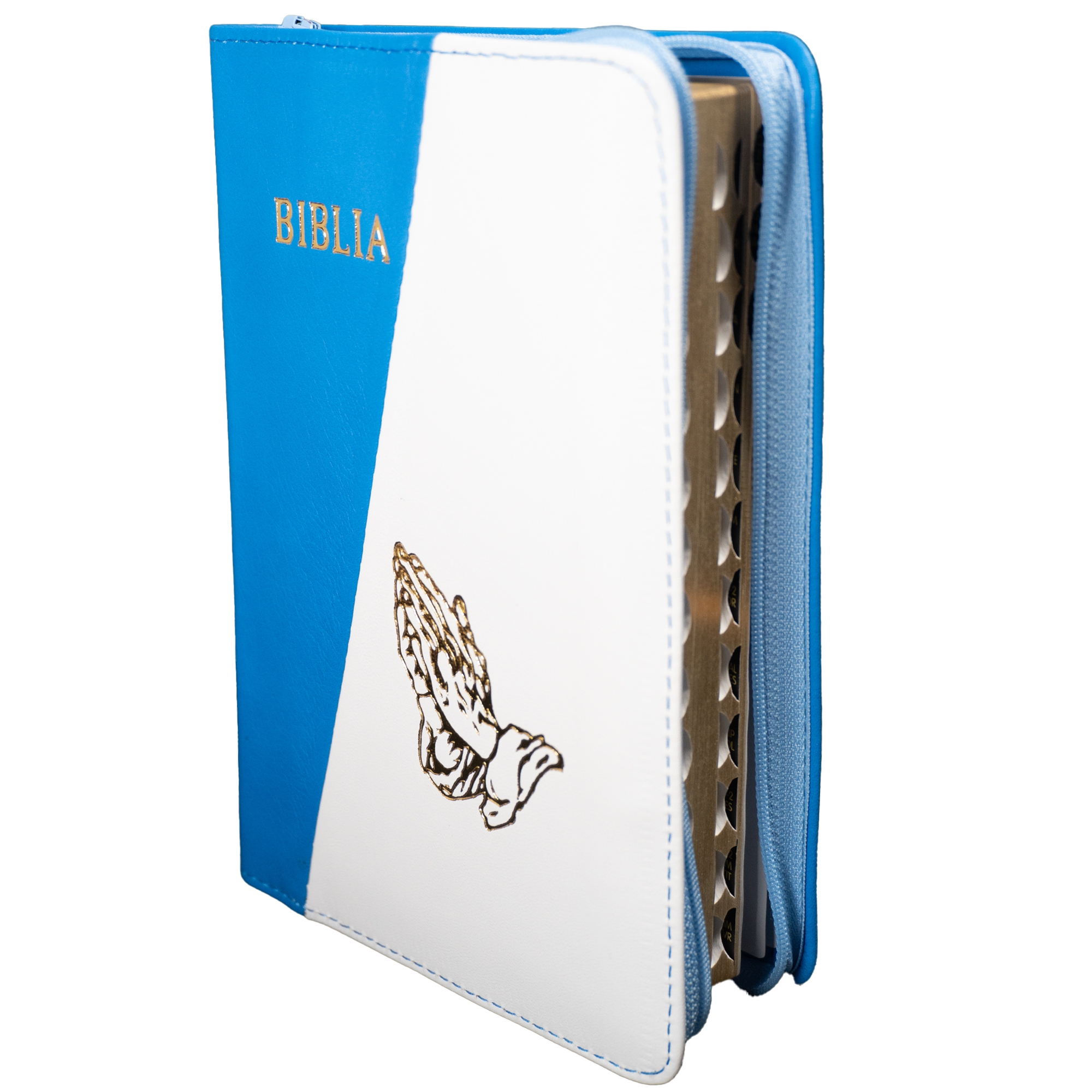 Biblie din piele, marime medie, culoare albastru cu alb, simbol maini in rugaciune, fermoar, index, margini aurii, cuv. lui Isus cu rosu [SB 057 PFI]