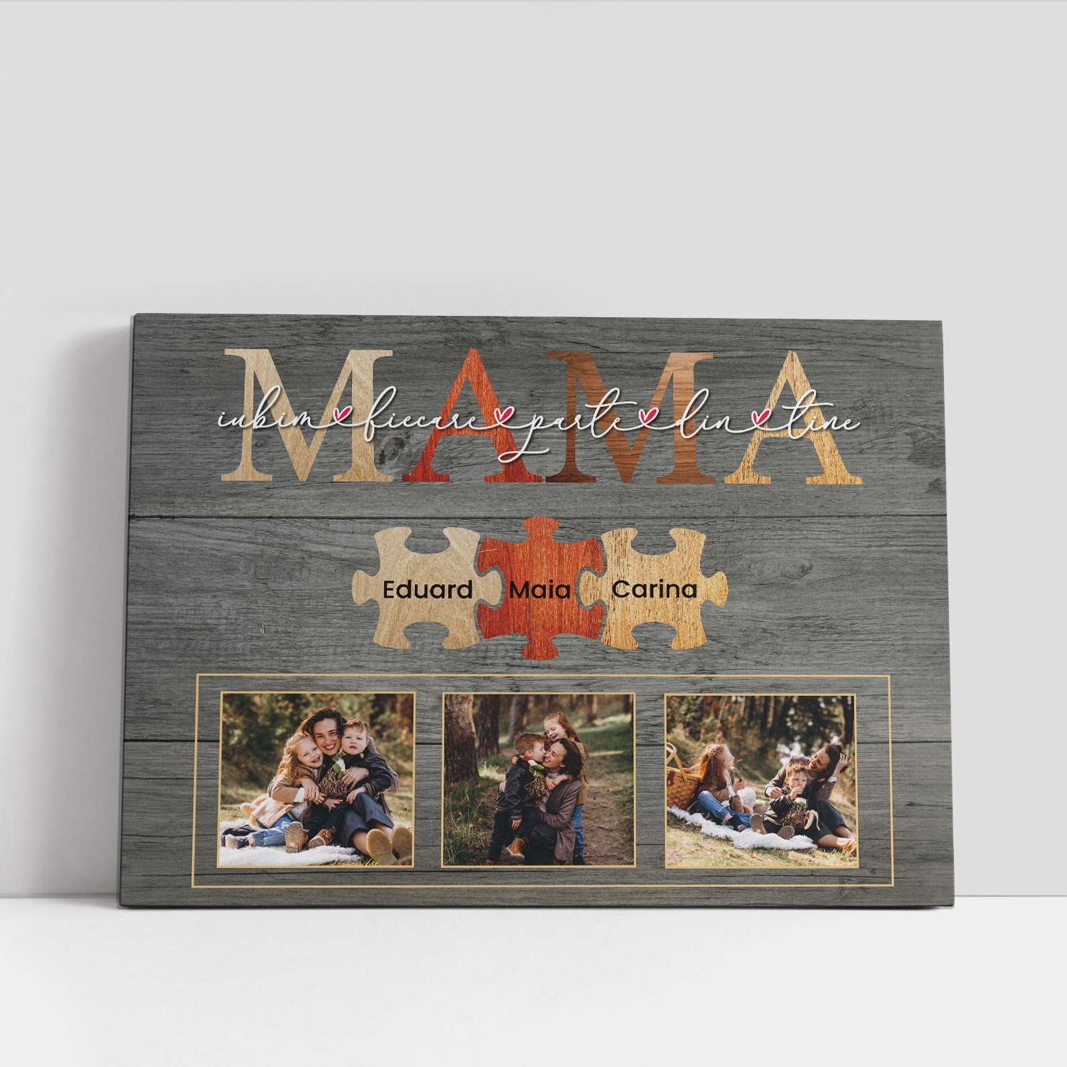 Tablou canvas personalizat cu 3 poze și nume – MAMA Tablou canvas personalizat cu 3 poze și nume – MAMA