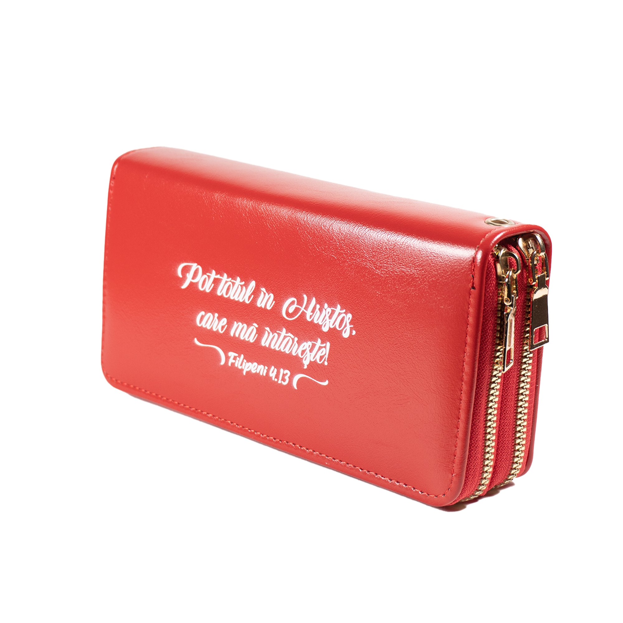 Portofel damă, 2 fermoare, roșu, cu imprimeu "Pot totul în Hristos..."
