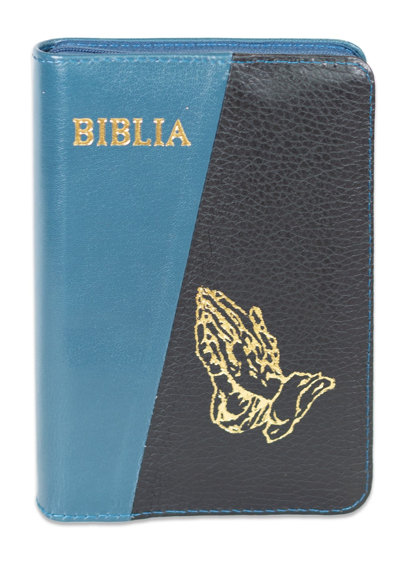 Biblia format mic, din piele, culoare albastru marin cu bleumarin inchis, index, fermoar, margini argintii, simbolul maini in ruga, cuv. lui Isus in rosu [047 PFI]