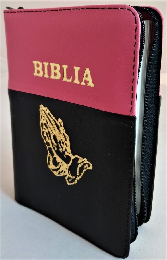 Biblie din piele, mica, roz / negru, fermoar, margini albe,simbol maini in ruga, cuv. lui Isus in rosu [043 PF]