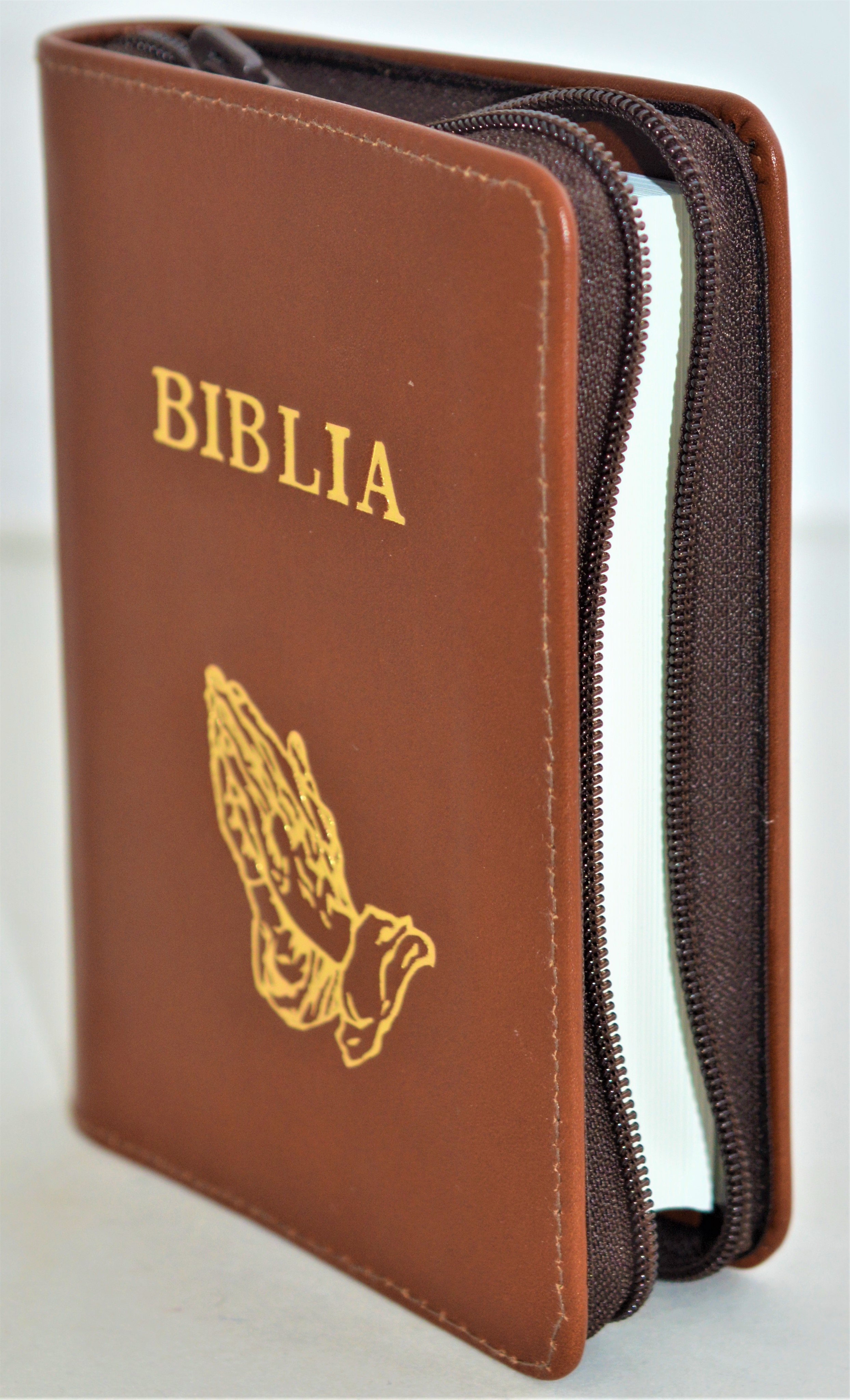 Biblie din piele, mica, culoare caramiziu, fermoar, margini albe, simbolul maini in ruga, cuv. lui Isus in rosu [043 PF]