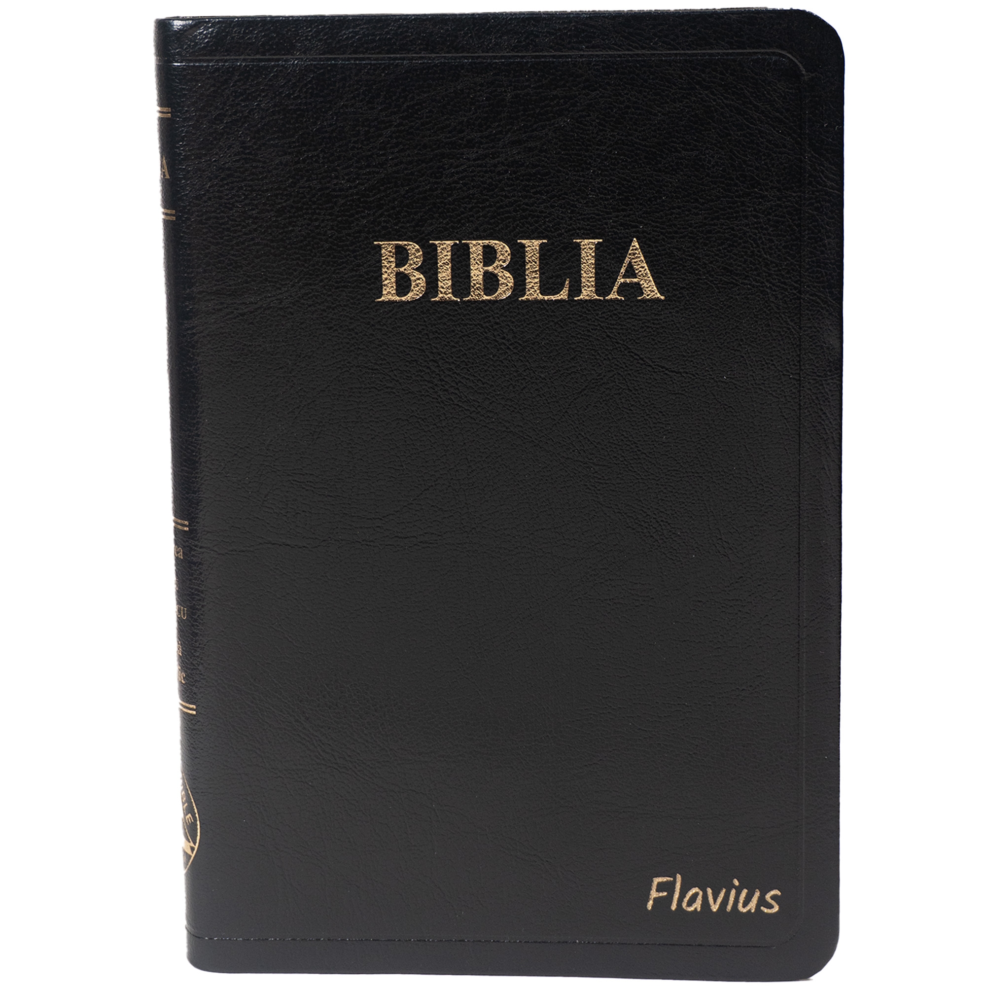 Biblie personalizată cu numele Flavius - Biblia din piele presata, marime medie, neagra, fara fermoar, margini aurii, cuv. lui Isus in rosu [052 P]