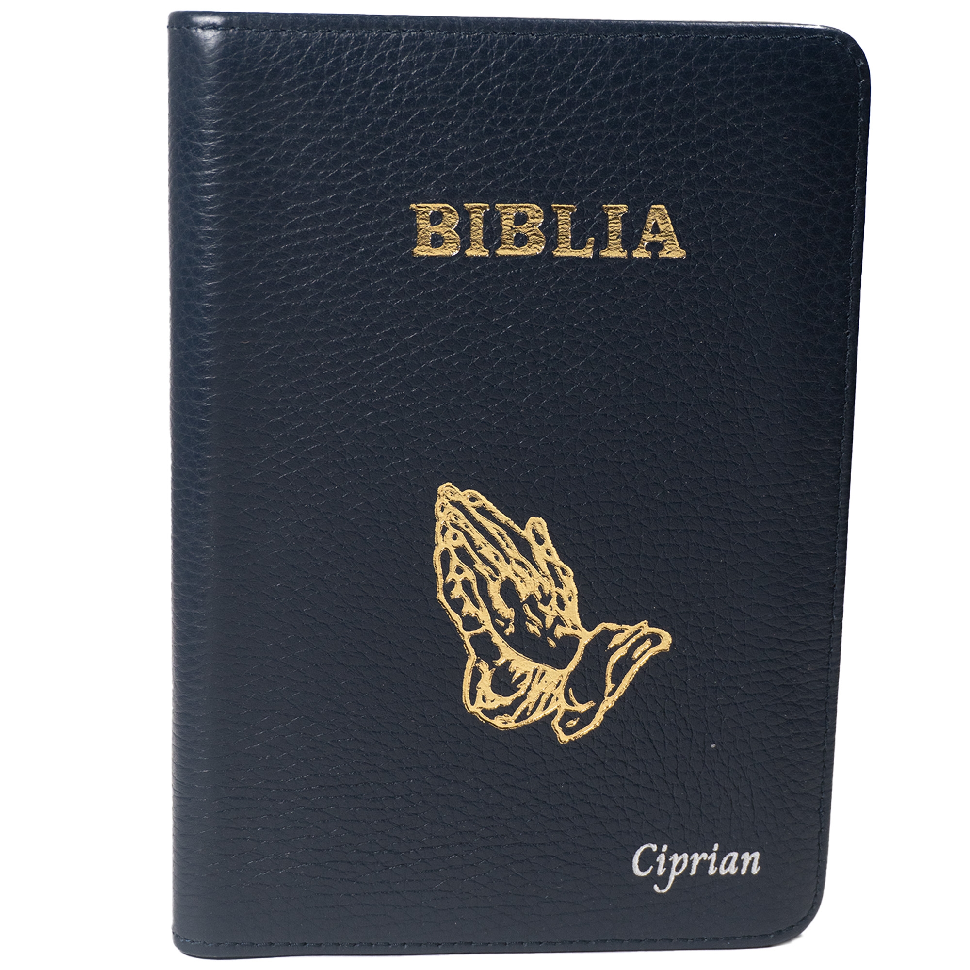 Biblie personalizată cu numele Ciprian - Biblie din piele, marime medie, culoare, bleumarin, fermoar, margini albe, simbol maini in rugaciune, cuv. lui Isus cu rosu [053]