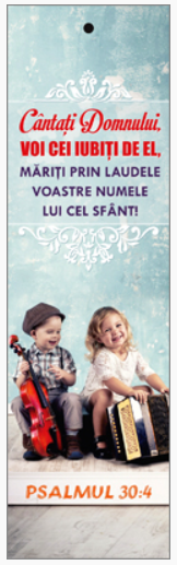 Semn de carte cu panglica albastru deschis  - Verset:  "Cântaţi Domnului, voi cei iubiţi de El, măriţi prin laudele voastre Numele Lui cel Sfânt!" Psalmul 30:4 [128]