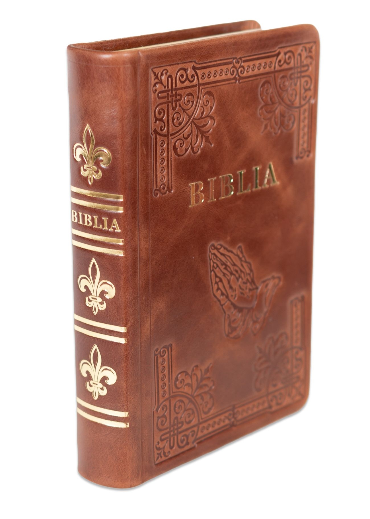 Biblia din piele, handmade, marime medie, culoare maro, margini aurii cu index, cuv. lui Isus cu rosu [057 HM]