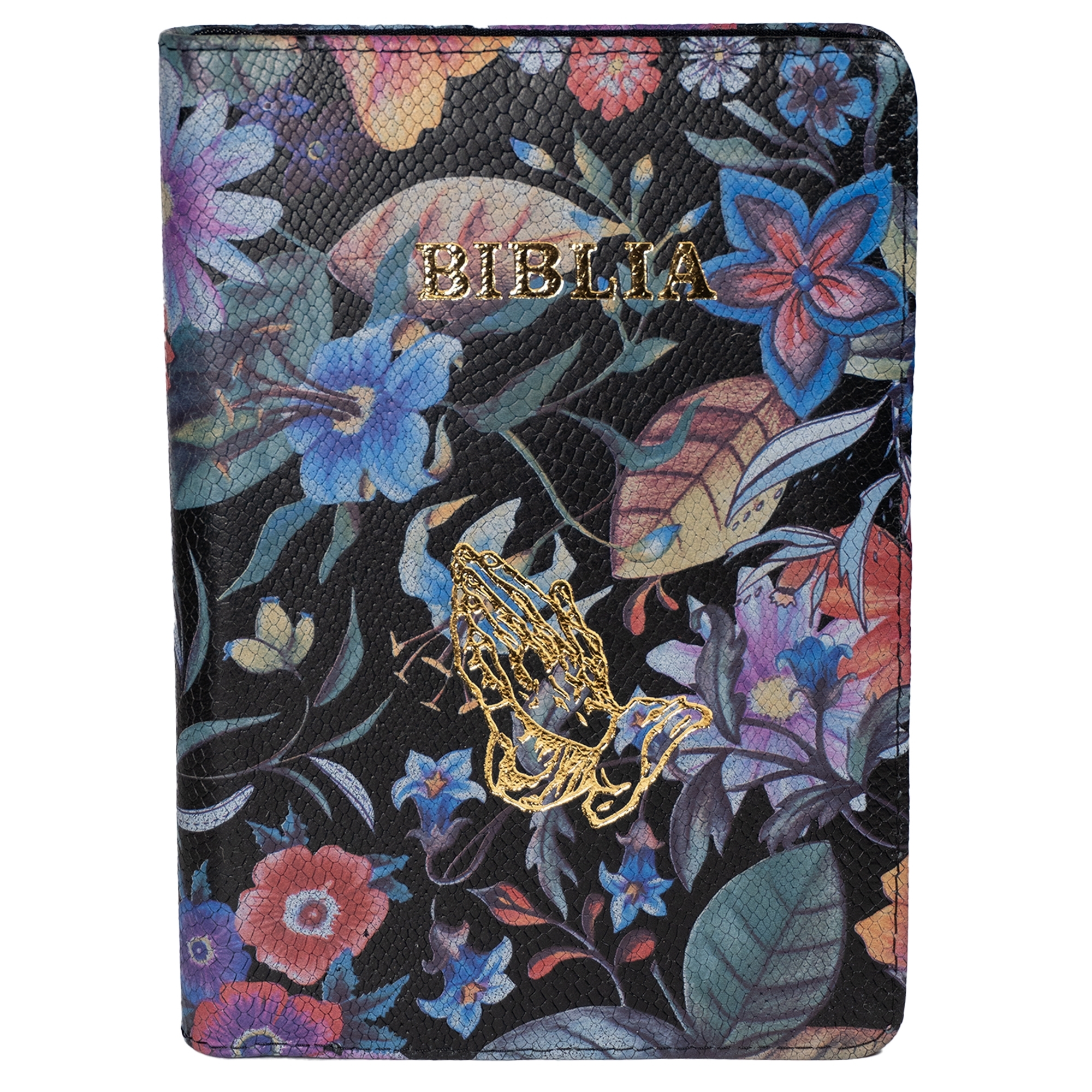 Biblia mica, coperta piele texturata,model floral multicolor pe fundal negru, index, fermoar, margini aurii,  simbolul maini, cuv. lui Isus in rosu [047 PFI]
