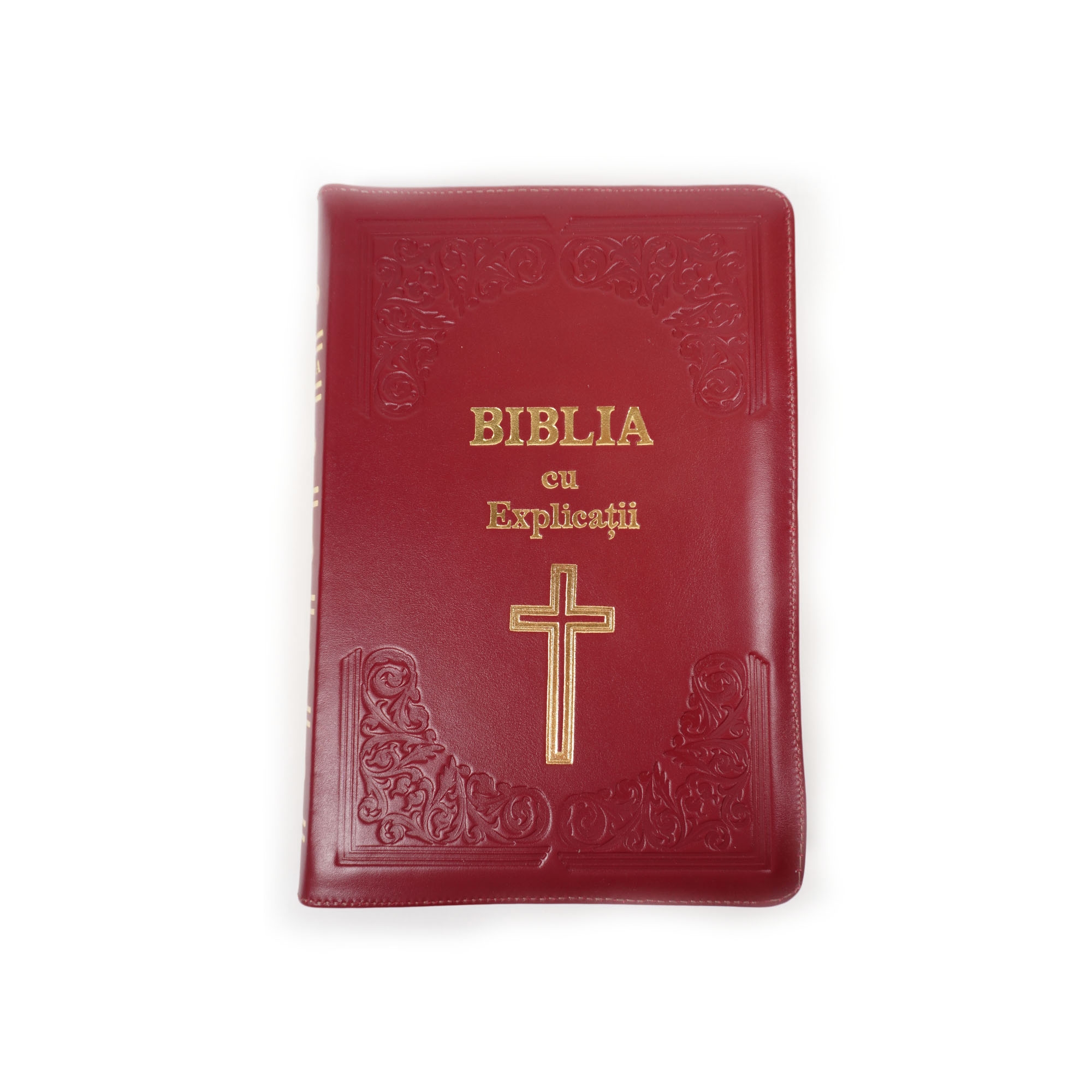 Biblia cu concordanta si explicatii, coperta piele HANDMADE, mare, culoare bordo închis, fermoar, index, margini aurii, simbol cruce , cuv. lui Isus cu rosu [CO 77 HMI]
