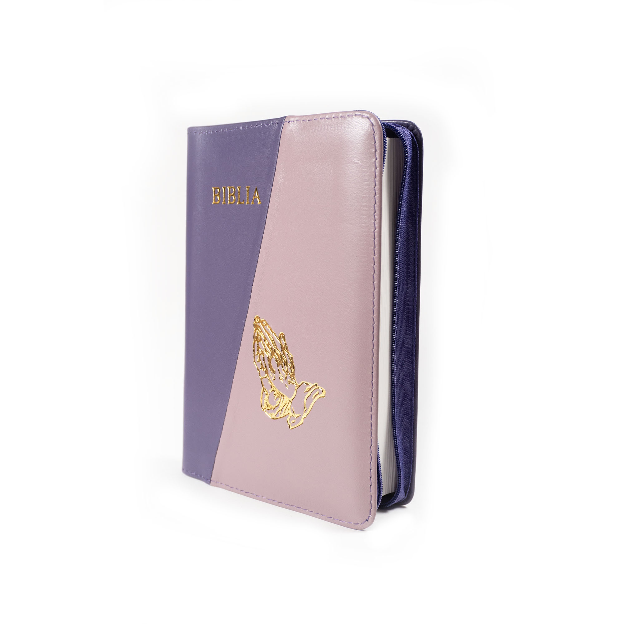 Biblie din piele, marime medie, culoare, mov închis cu mov deschis, fermoar, margini albe, simbol maini in rugaciune, cuv. lui Isus cu rosu [053]