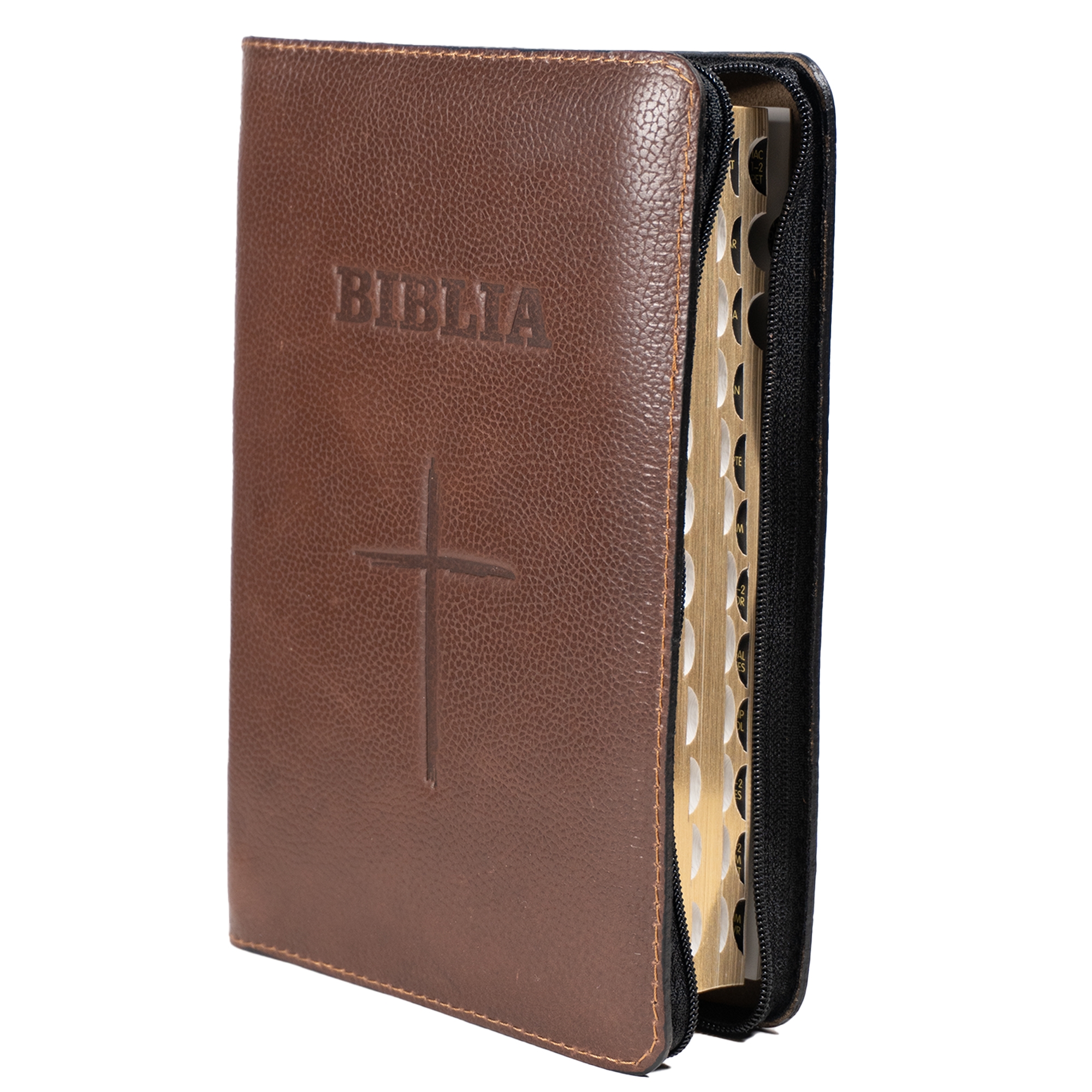 Biblie din piele handmade, marime medie, maro, simbol cruce, fermoar, index, margini aurii, cuv. lui Isus cu rosu [057]