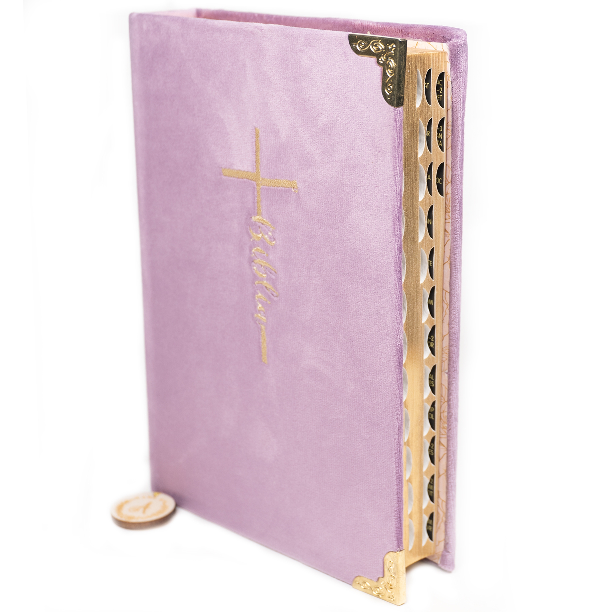 Biblia handmade, model 138, marime medie, coperta tare textila, margini aurii, index, cuv. lui Isus cu rosu [SI 057 HM]