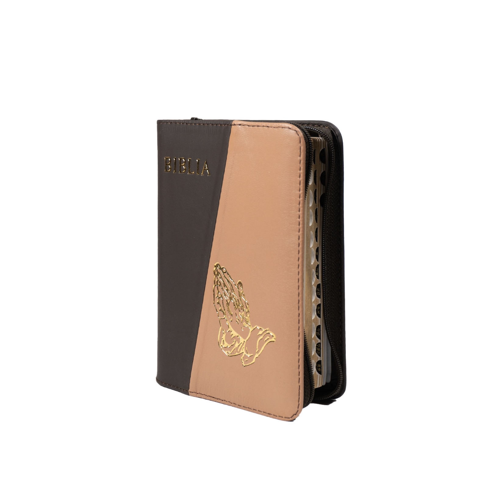 Biblia mica, coperta piele, culoare, maro închis cu maro deschis, index, fermoar, margini aurii,  simbolul maini, cuv. lui Isus in rosu [047 PFI]