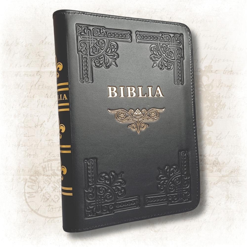Biblia din piele, handmade, marime medie, culoare neagră, fermoar,margini aurii cu index, cuv. lui Isus cu rosu [057 HM]