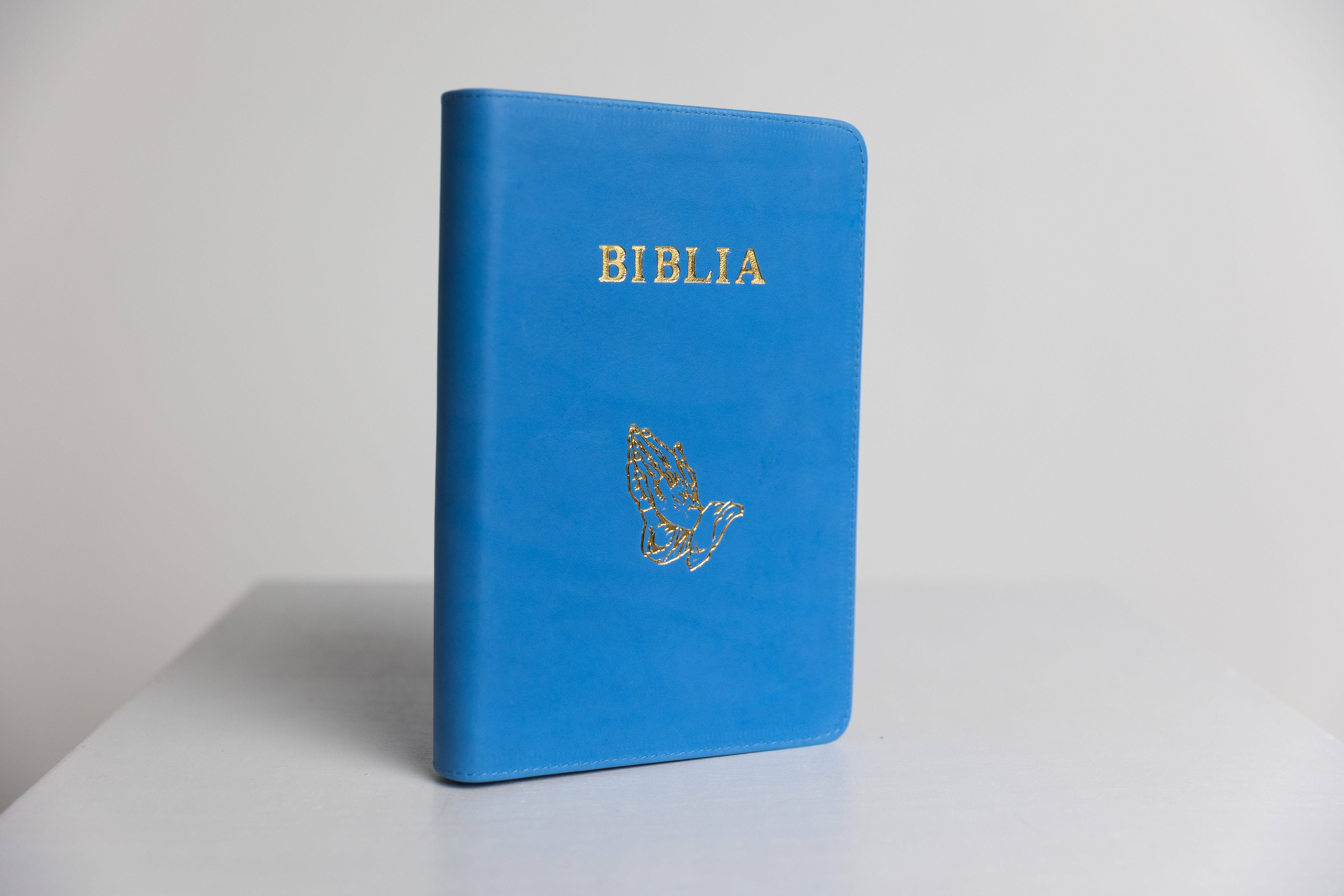 Biblie din piele, marime medie, culoare albastru deschis, fermoar, index, margini aurii, maini in rugaciune, cuv. lui Isus cu rosu [SB 057 PFI]